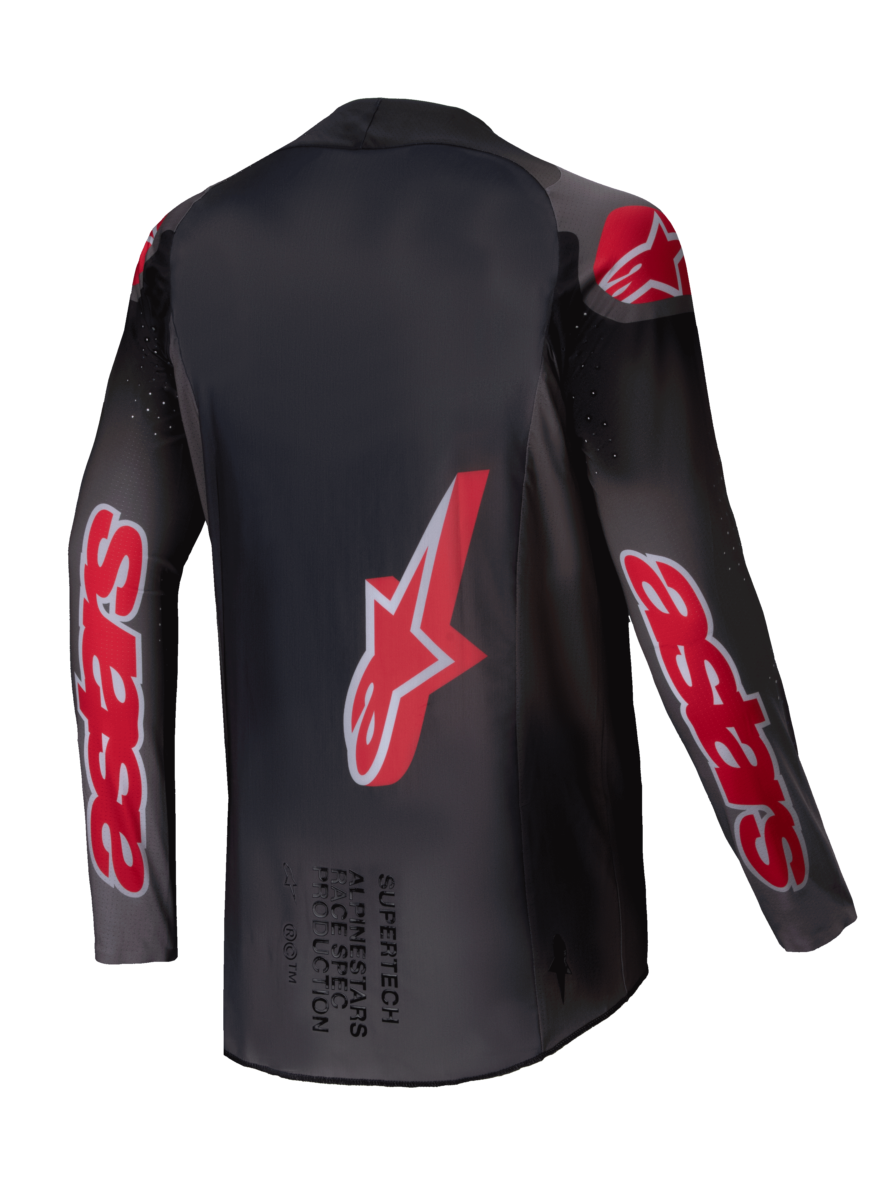Alpinestars 2025 Supertech Lipan tröja, motocross offroad-tröja, rökfärgad och klarröd, lätt stretchmesh med perforerad ventilation, bakifrån