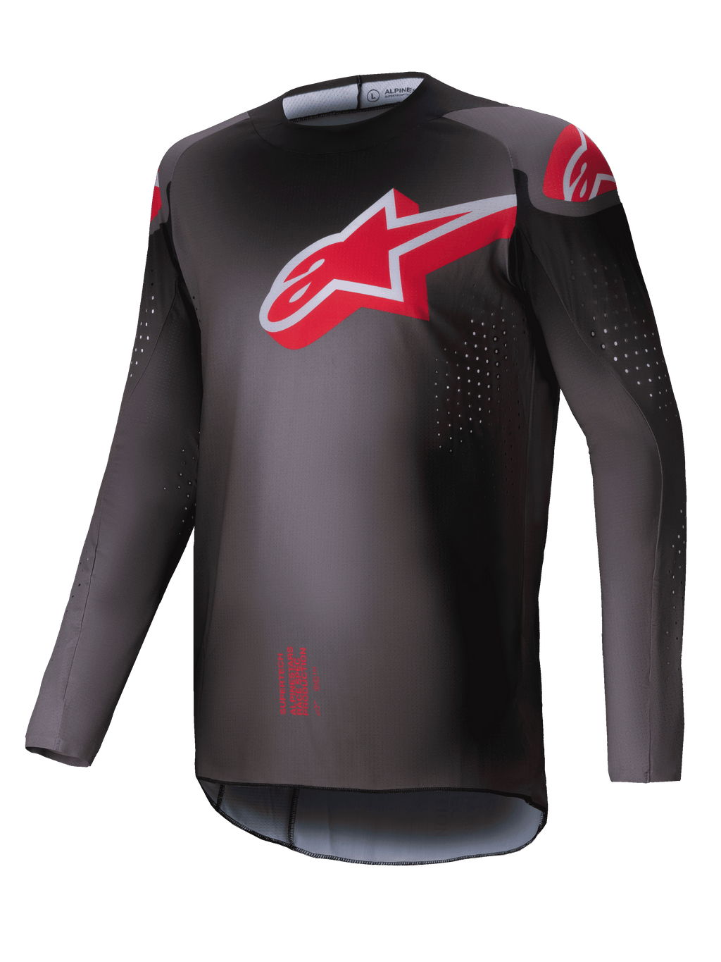 Alpinestars 2025 Supertech Lipan tröja, motocross offroad-tröja för herrar, rökgrå och klarröd, lätt och atletisk tävlingspassform med laserskurna perforeringar