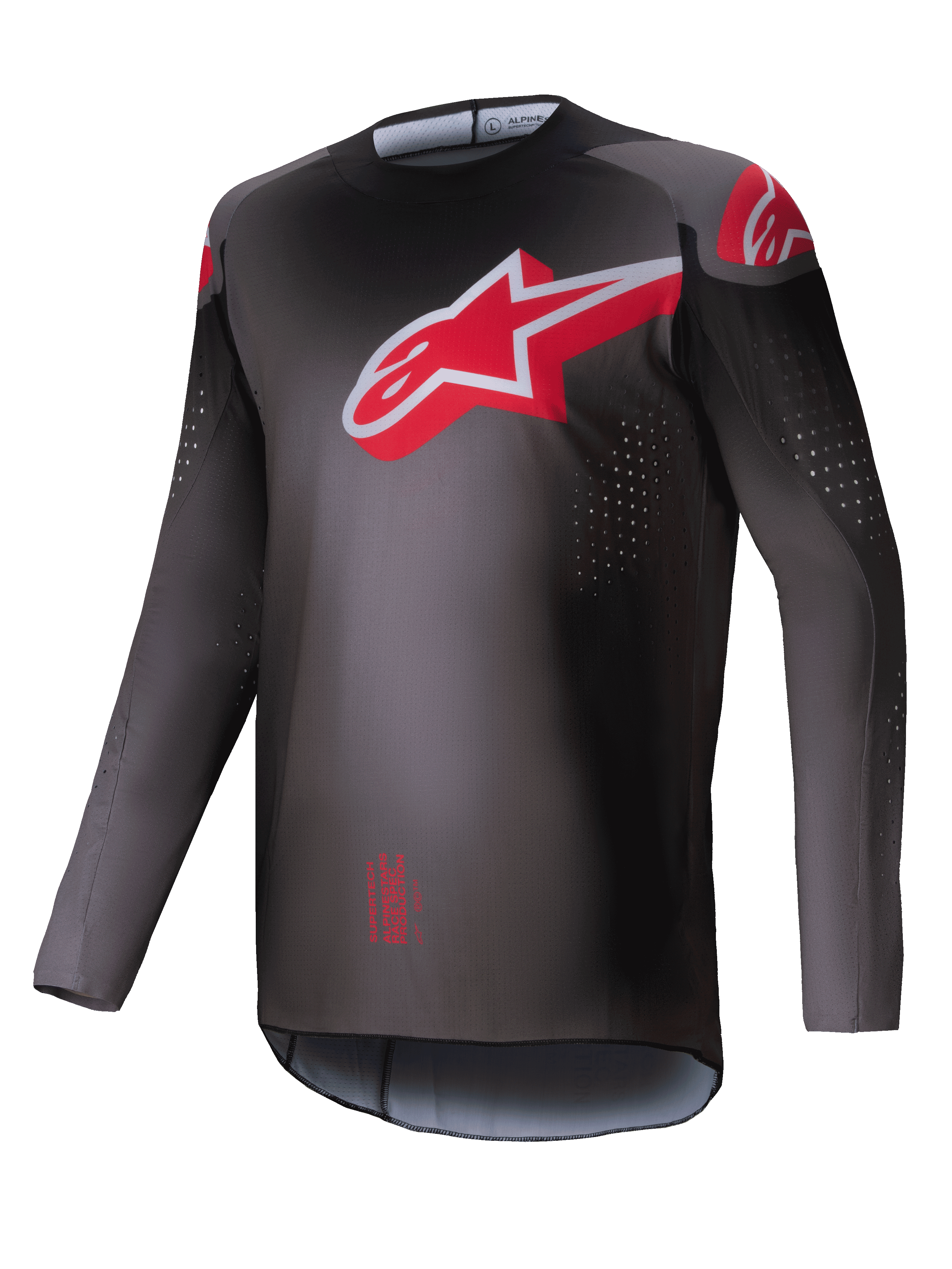 Alpinestars 2025 Supertech Lipan tröja, motocross offroad-tröja för herrar, rökgrå och klarröd, lätt och atletisk tävlingspassform med laserskurna perforeringar