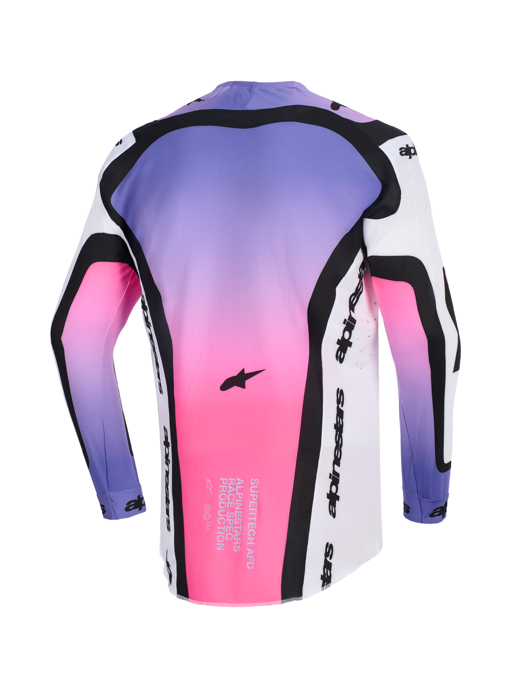 Alpinestars 2026 Supertech AFD Vista tröja, motocrosströja, vit, lila och svart med rosa och lila gradient, ryggvy som visar svarta konturpaneler, Alpinestars-logotyp och race-spec-text på den nedre fållen, atletisk passform för terrängprestanda.