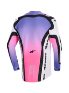 Alpinestars 2026 Supertech AFD Vista tröja, motocrosströja, vit, lila och svart med rosa och lila gradient, ryggvy som visar svarta konturpaneler, Alpinestars-logotyp och race-spec-text på den nedre fållen, atletisk passform för terrängprestanda.