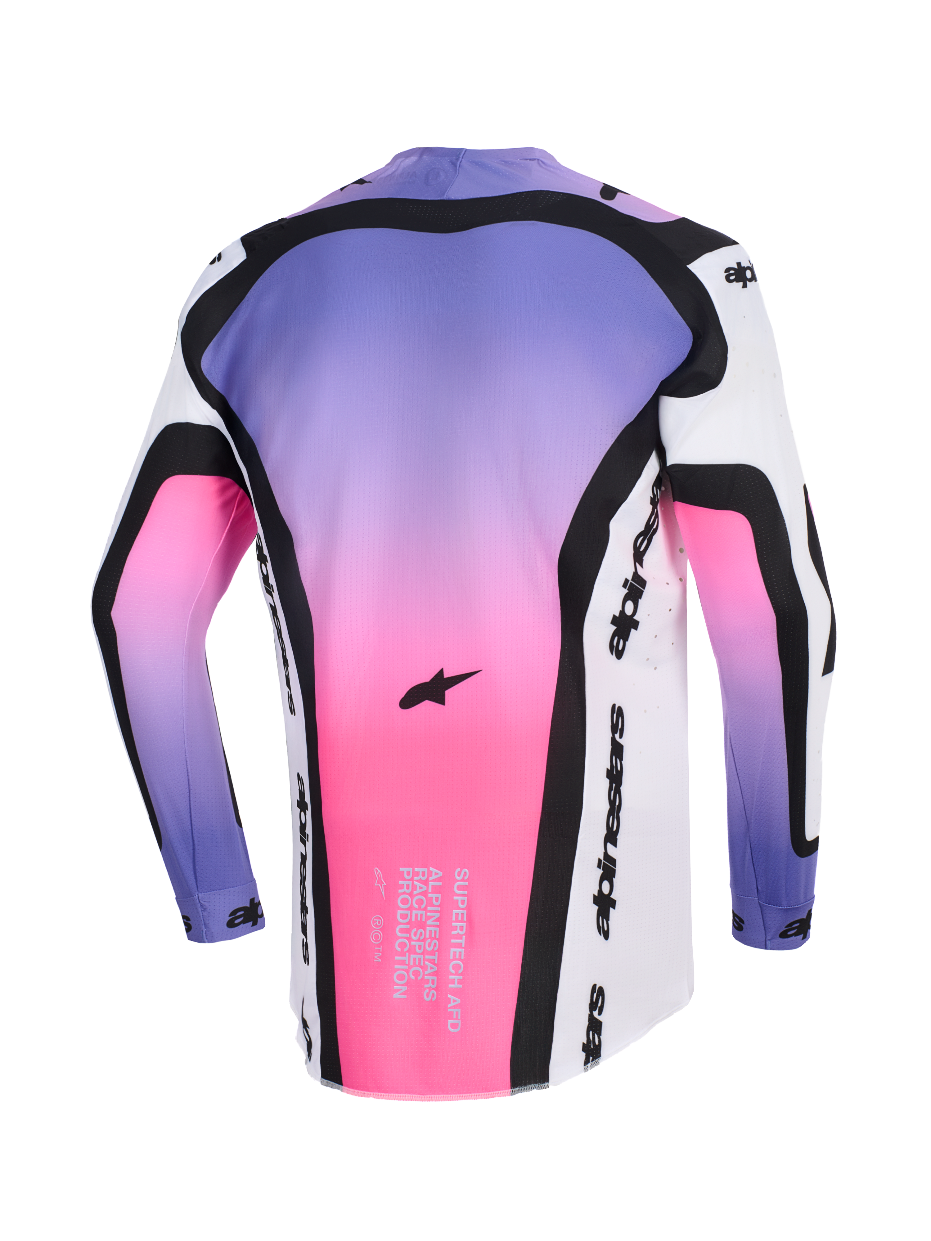 Alpinestars 2026 Supertech AFD Vista tröja, motocrosströja, vit, lila och svart med rosa och lila gradient, ryggvy som visar svarta konturpaneler, Alpinestars-logotyp och race-spec-text på den nedre fållen, atletisk passform för terrängprestanda.