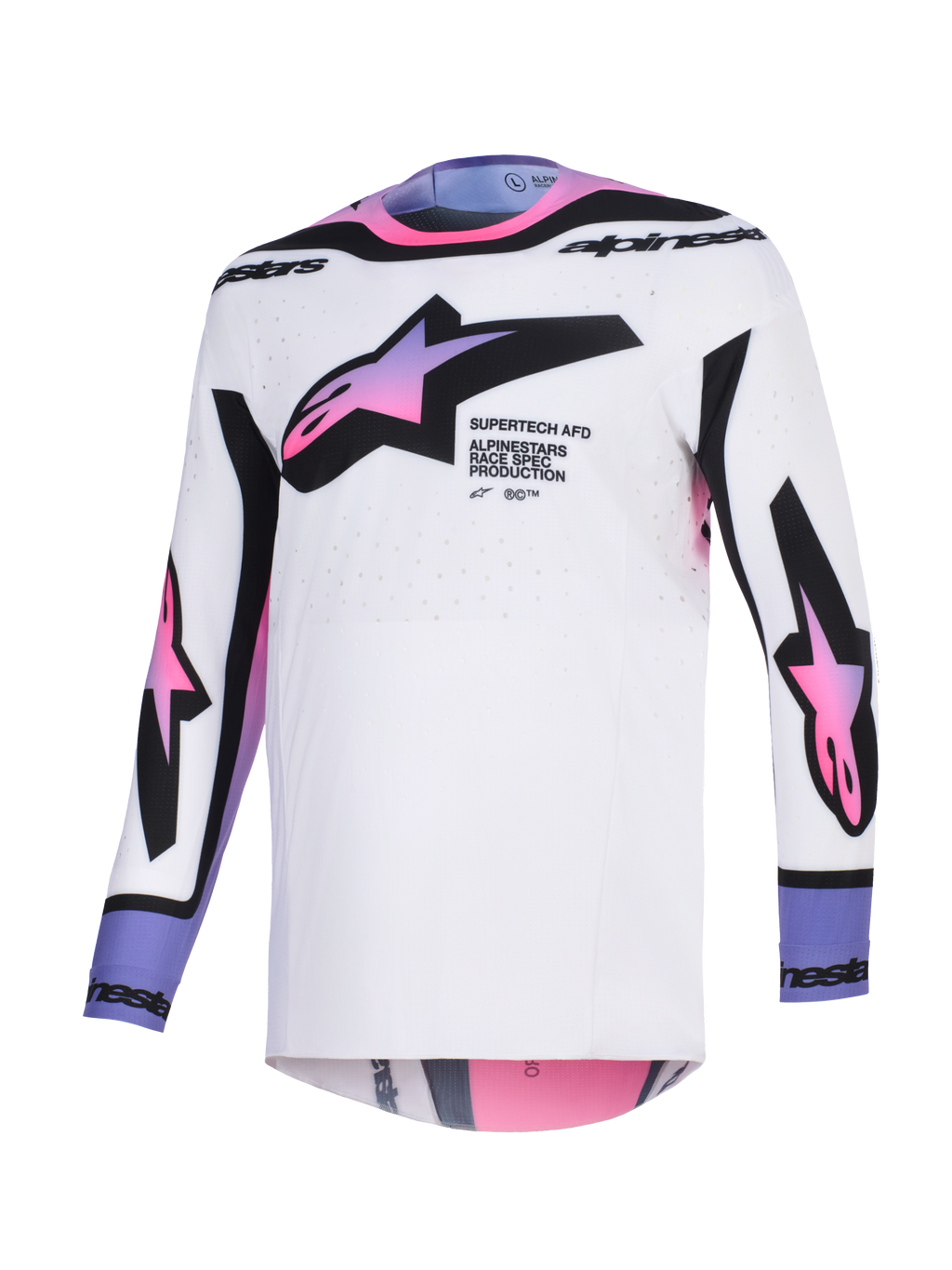 Alpinestars 2026 Supertech AFD Vista tröja, motocrosströja, vit med rosa och lila tonade stjärnlogotyper, svarta detaljer och textlogotyp, atletisk passform med laserskurna ventilationshål, professionell racingutrustning för terrängkörning