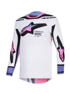 Alpinestars 2026 Supertech AFD Vista tröja, motocrosströja, vit med rosa och lila tonade stjärnlogotyper, svarta detaljer och textlogotyp, atletisk passform med laserskurna ventilationshål, professionell racingutrustning för terrängkörning