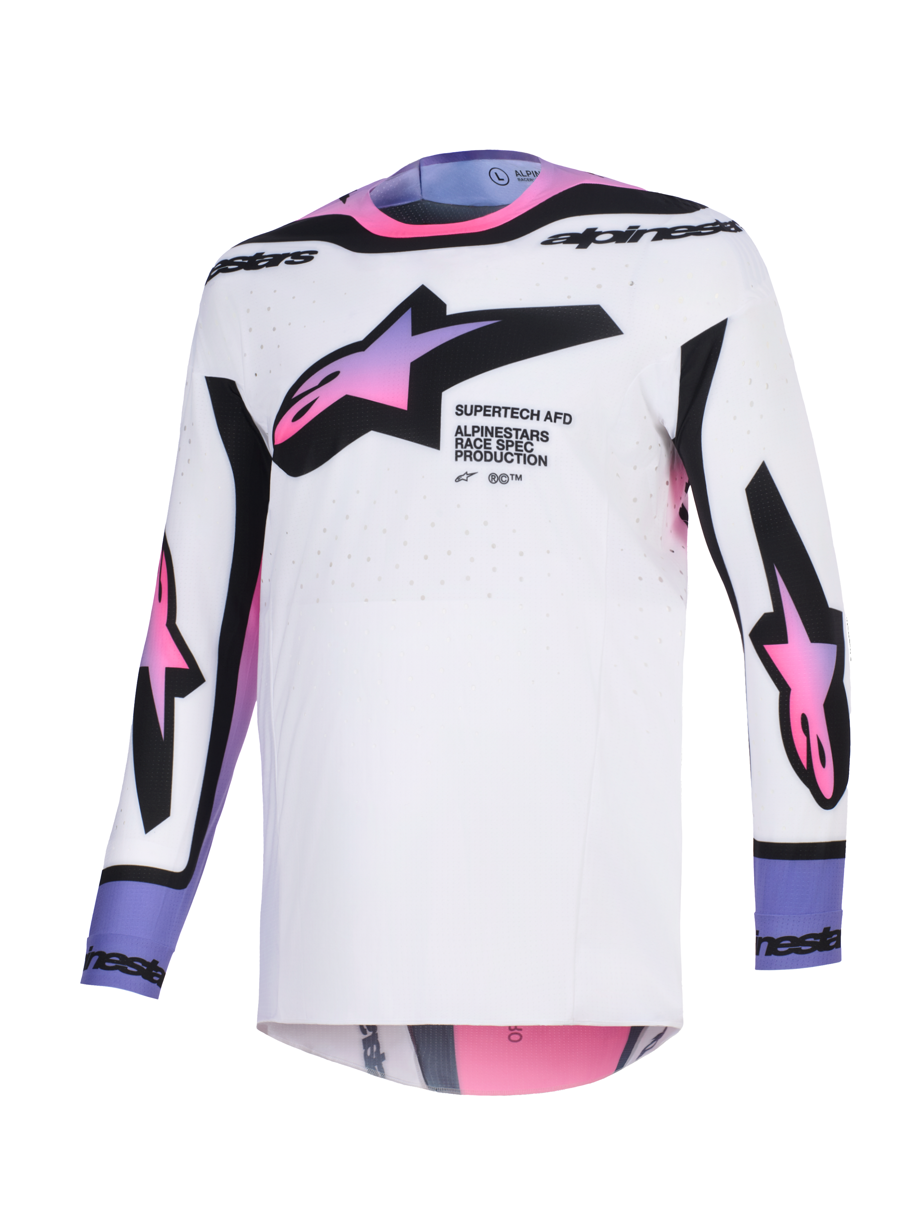 Alpinestars 2026 Supertech AFD Vista tröja, motocrosströja, vit med rosa och lila tonade stjärnlogotyper, svarta detaljer och textlogotyp, atletisk passform med laserskurna ventilationshål, professionell racingutrustning för terrängkörning