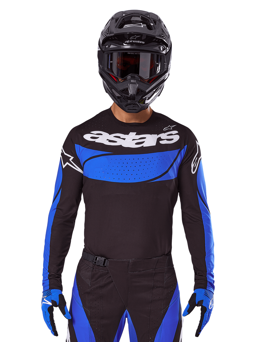 Alpinestars 2025 Techstar Dreem-set och tröja, svart och blå motocrossutrustning bärs av en förare för terrängkörning.