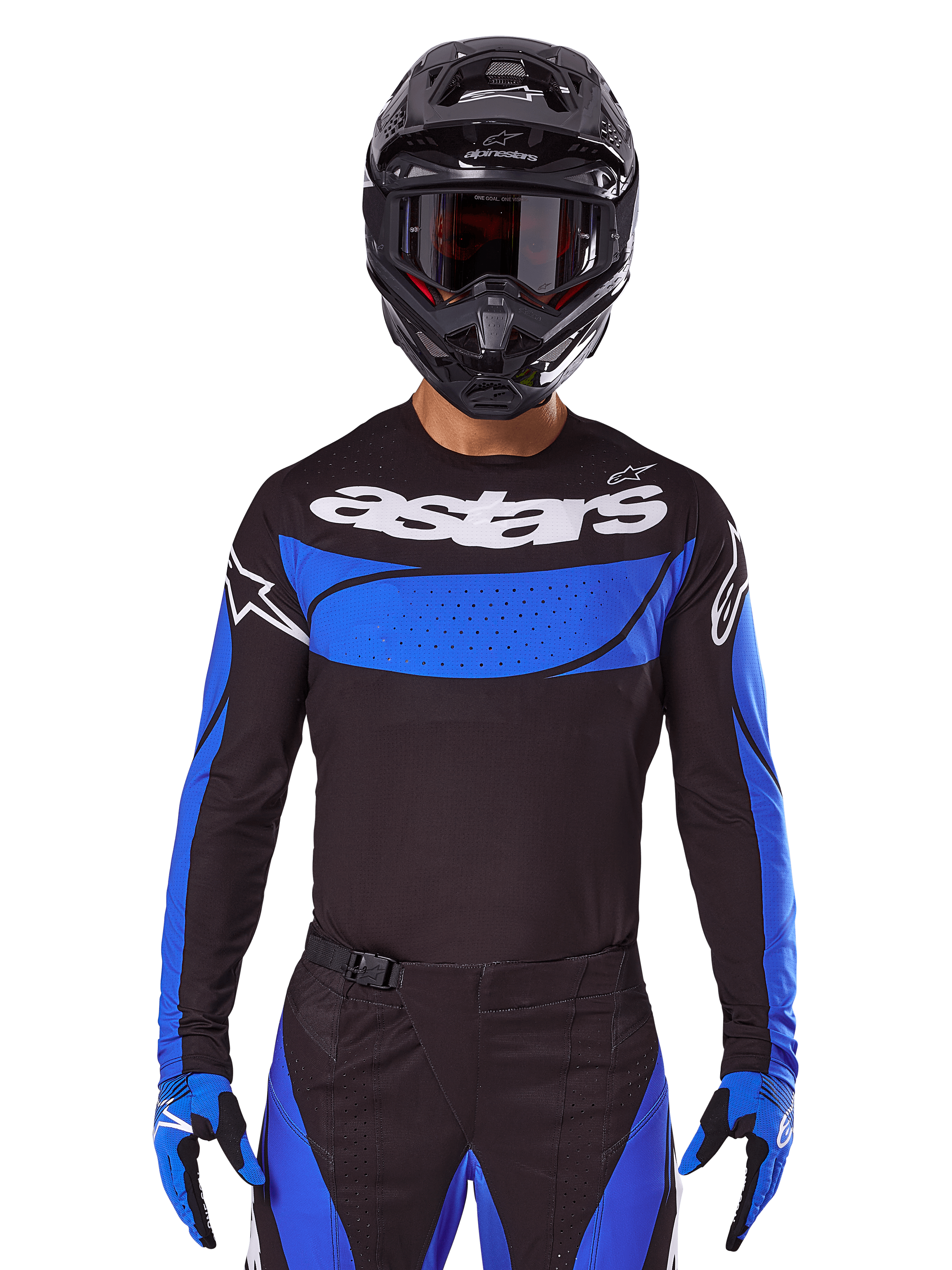 Alpinestars 2025 Techstar Dreem-set och tröja, svart och blå motocrossutrustning bärs av en förare för terrängkörning.