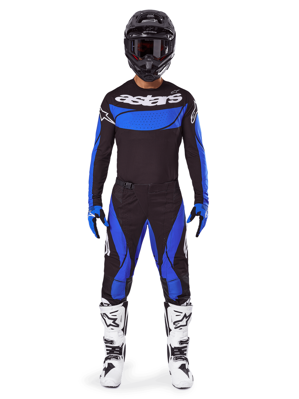 Alpinestars 2025 Techstar Dreem utrustningsset, herrmodell i svart och blått för motocross, med vita stövlar.