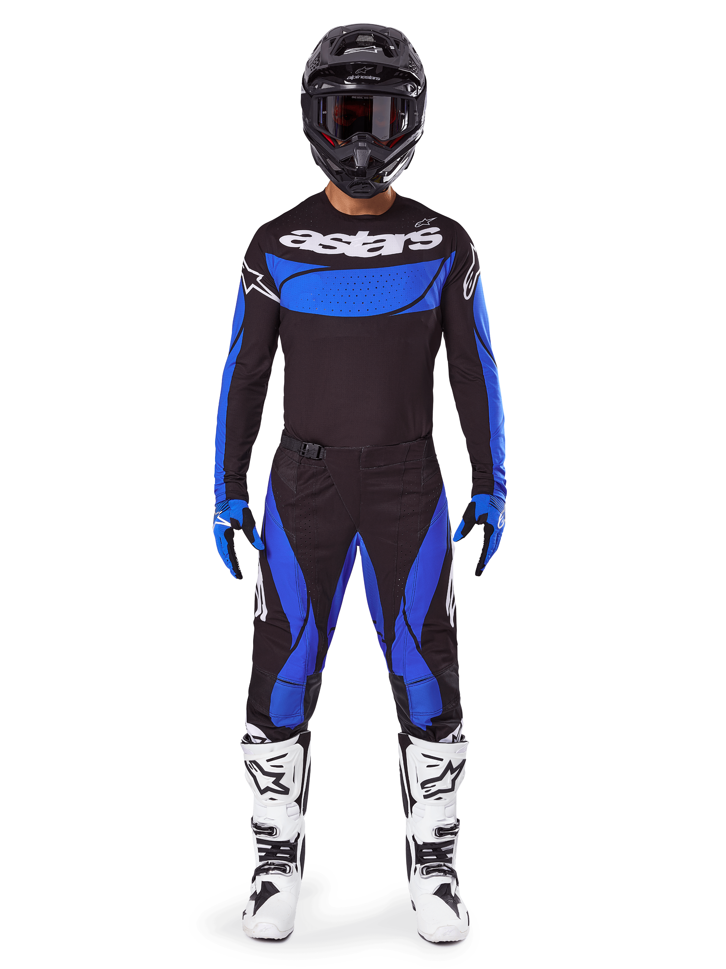 Alpinestars 2025 Techstar Dreem utrustningsset, herrmodell i svart och blått för motocross, med vita stövlar.