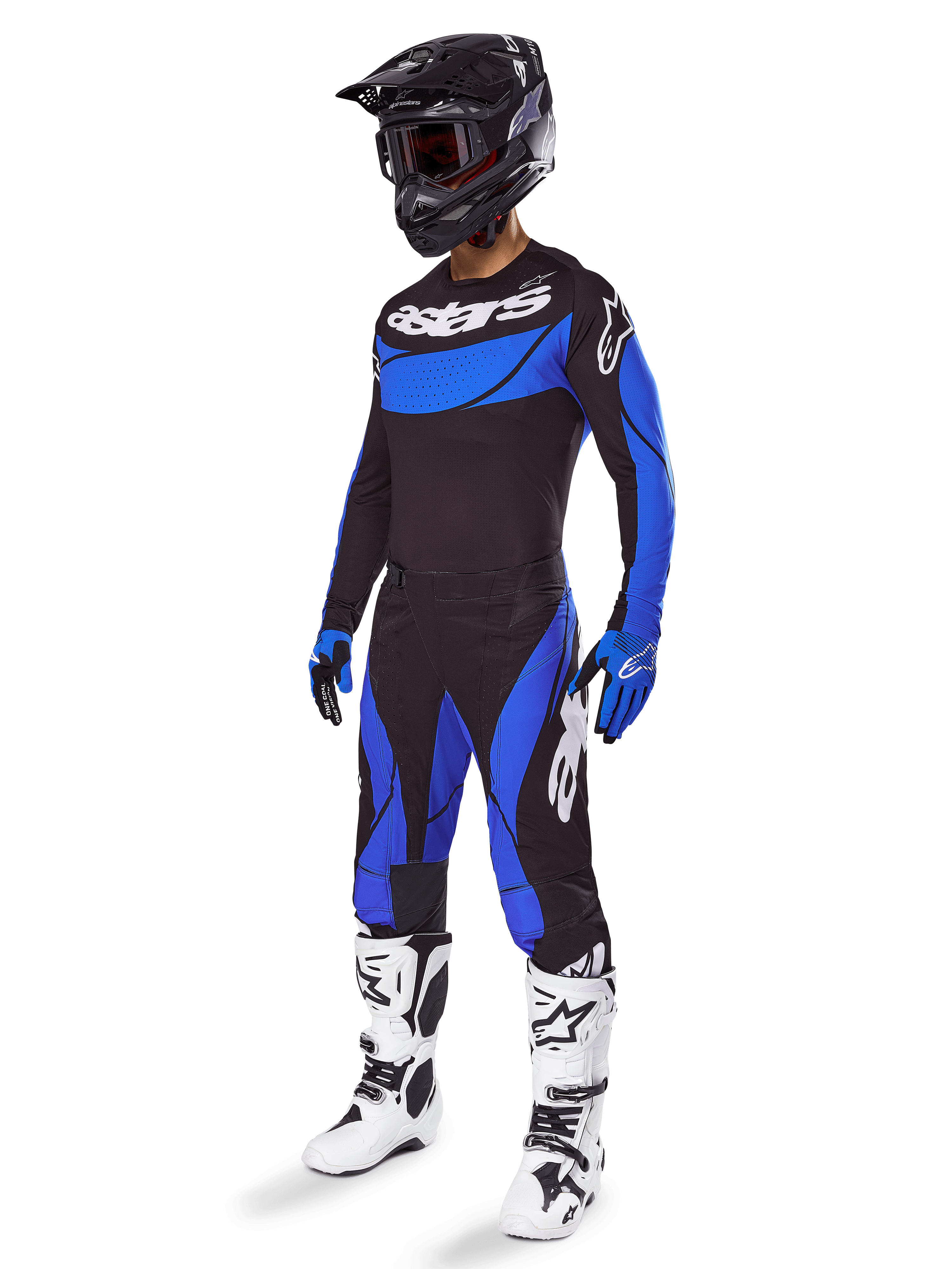 Alpinestars 2025 Techstar Dreem set och tröja, herrmotocrossutrustning, svart och blå, ventilerad terrängkörningsutrustning.