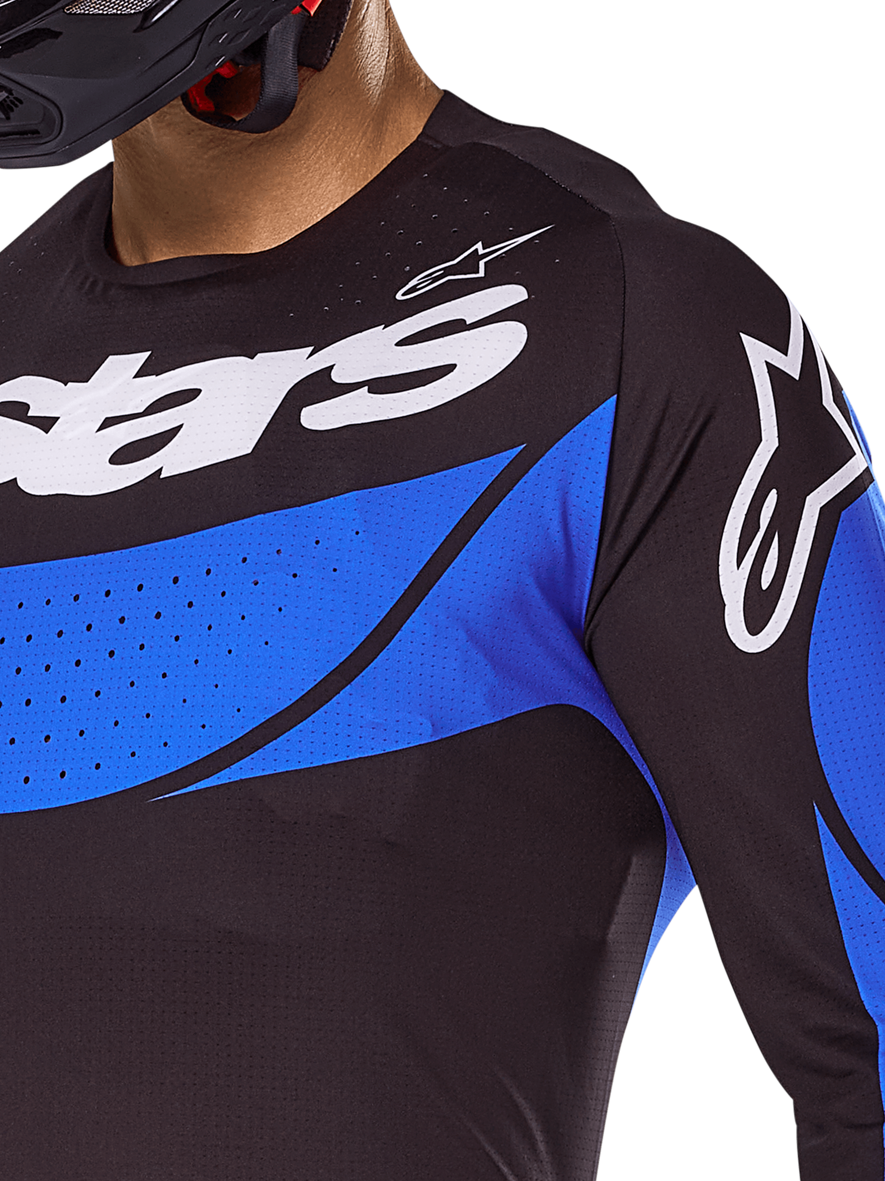 Alpinestars 2025 Techstar Dreem tröja, svart och blå ventilerad motocrosströja med laserskurna perforeringar.