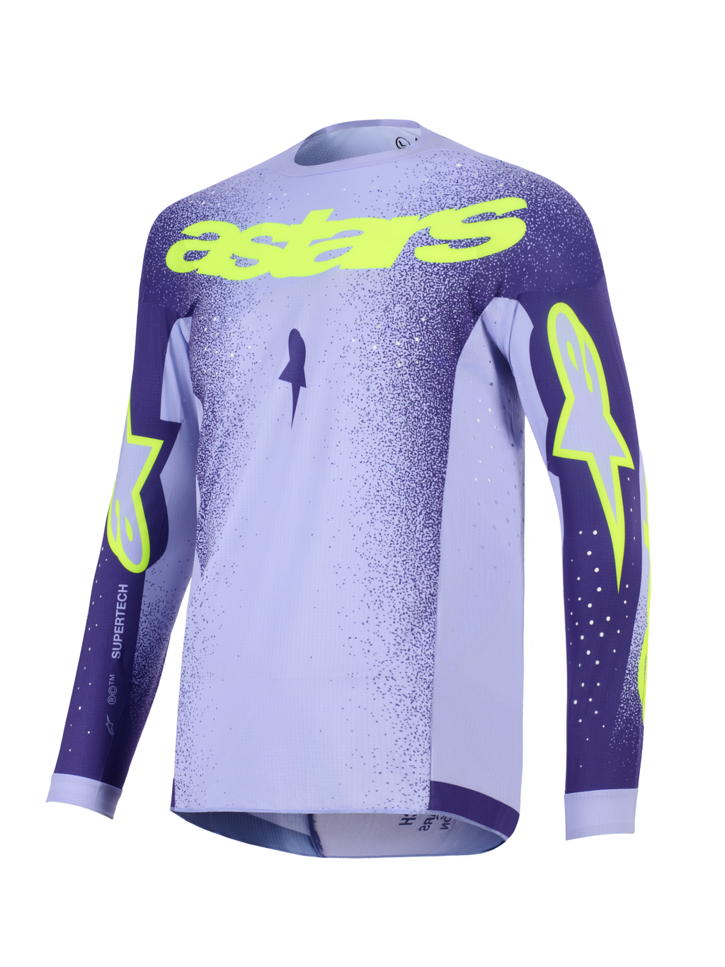 Alpinestars 2026 Supertech Scenz Jersey, Motocross Jersey, Purple and Yellow Fluo, featuring lavender and dark purple panels with neon yellow 'astars' text and star logos, lightweight performance mesh design for off-road racing