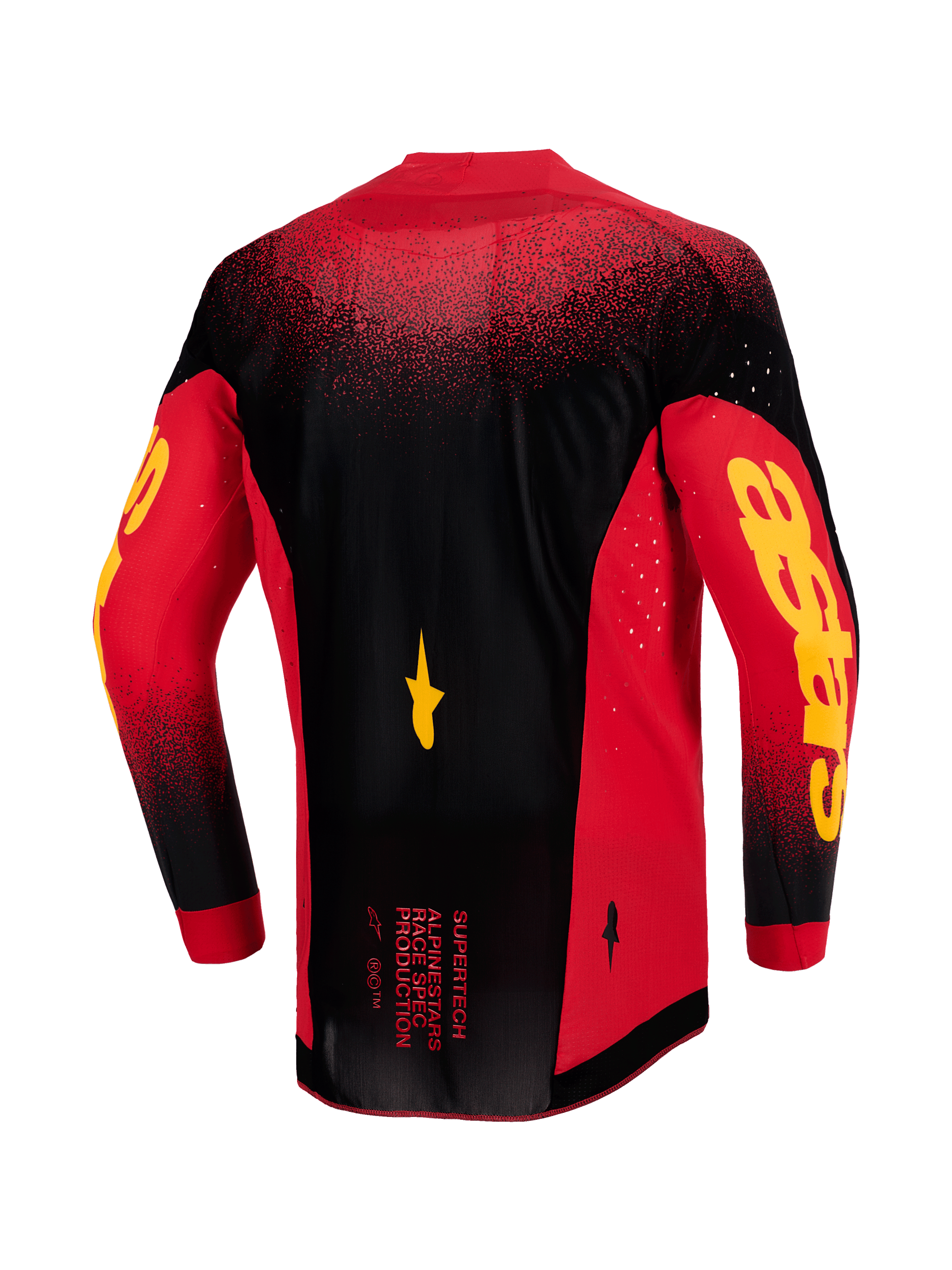 Alpinestars 2026 Supertech Scenz Jersey, baksida, röd, svart och gul, professionell motocrosströja med lätt stretchnät, laserutskuren ventilation, tydlig gul Astars-logotyp på ärmarna och förlängt ryggparti för racingprestanda