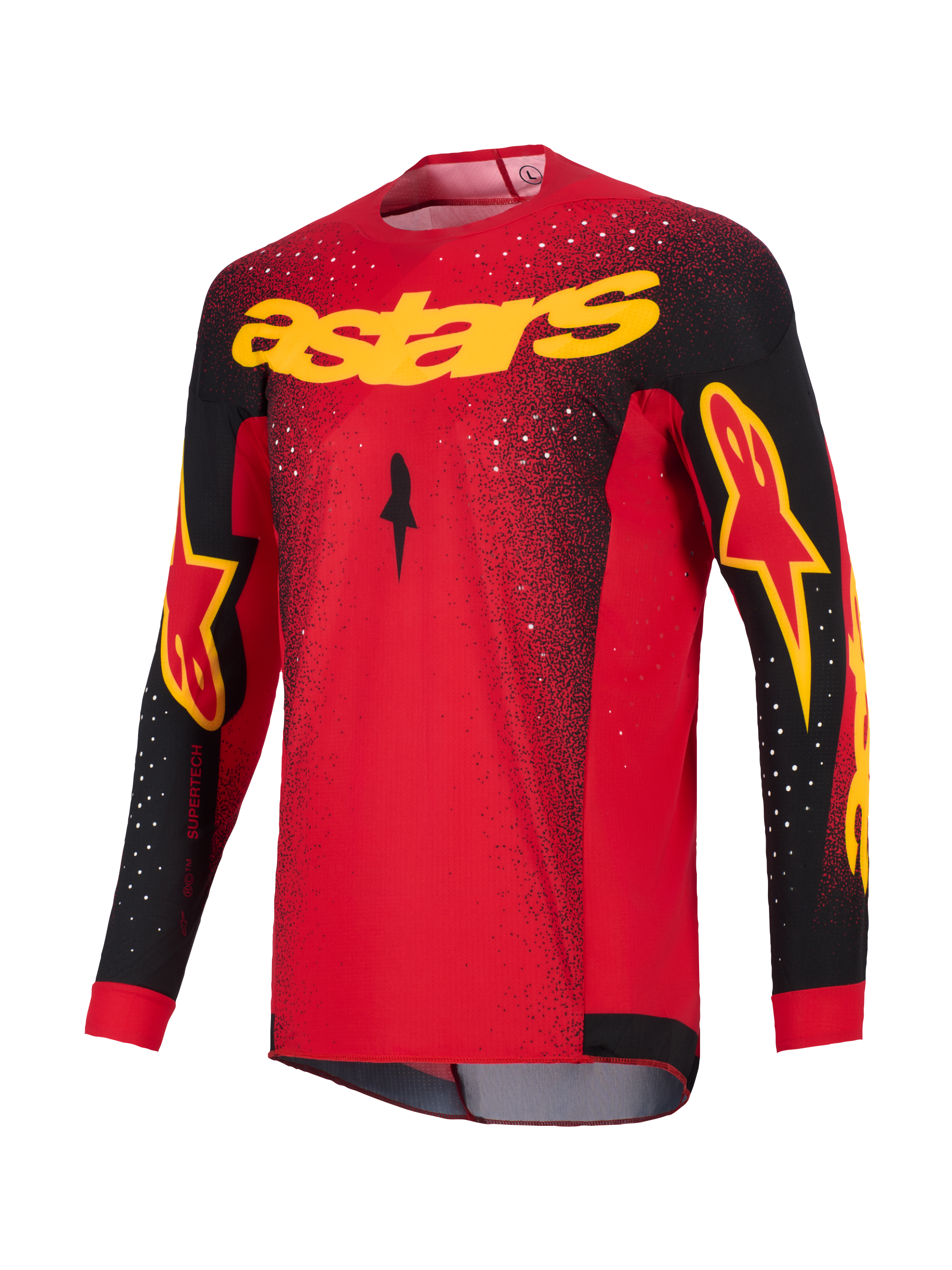 Alpinestars 2026 Supertech Scenz-tröja, motocrosströja, röd, svart och gul, med gul 'astars'-logotyp på bröstet, svarta ärmar med logodetaljer och vitt spräckligt mönster på axlar och överkropp