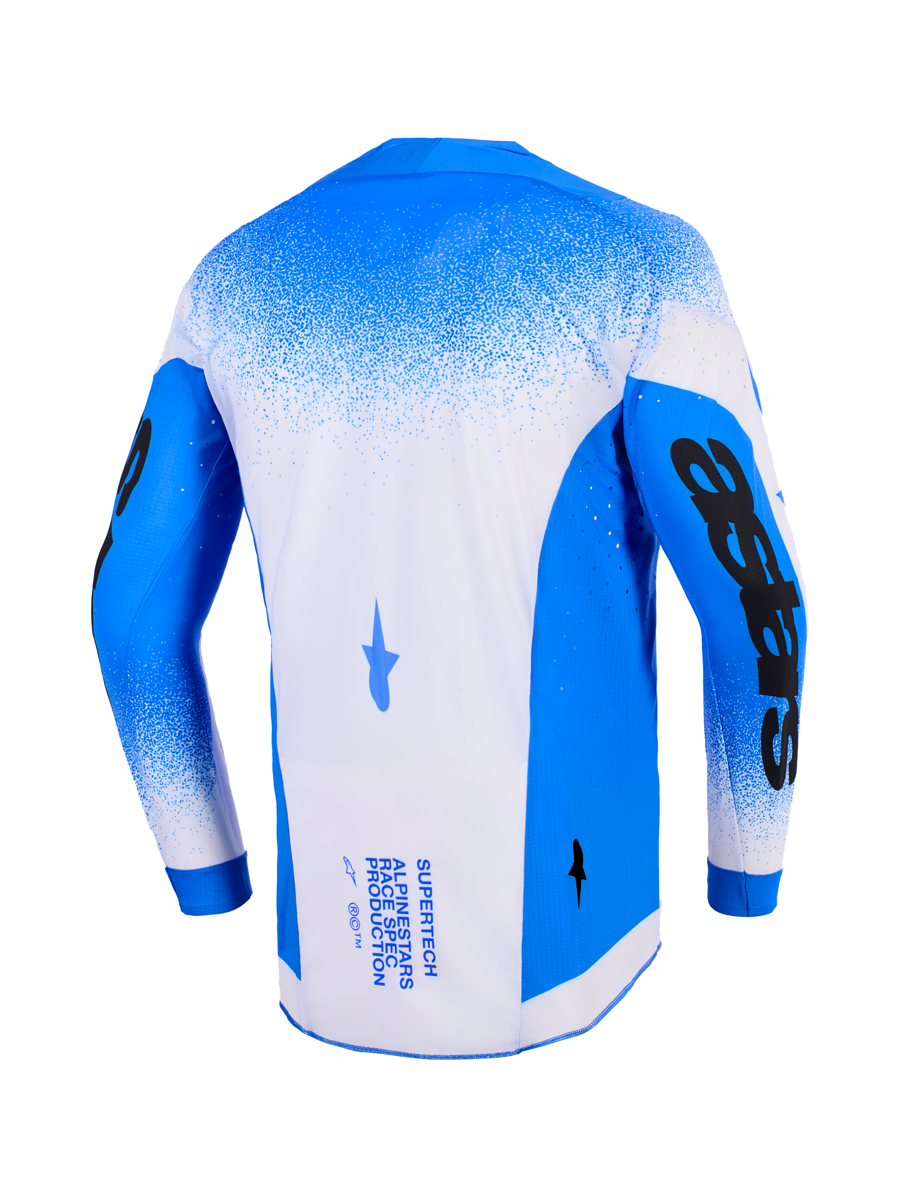 Alpinestars 2026 Supertech Scenz Jersey, back view, Ucla Blue and White, professional motocross jersey with mesh construction and laser-cut perforations, featuring bold black sleeve graphics and technical branding on the back.