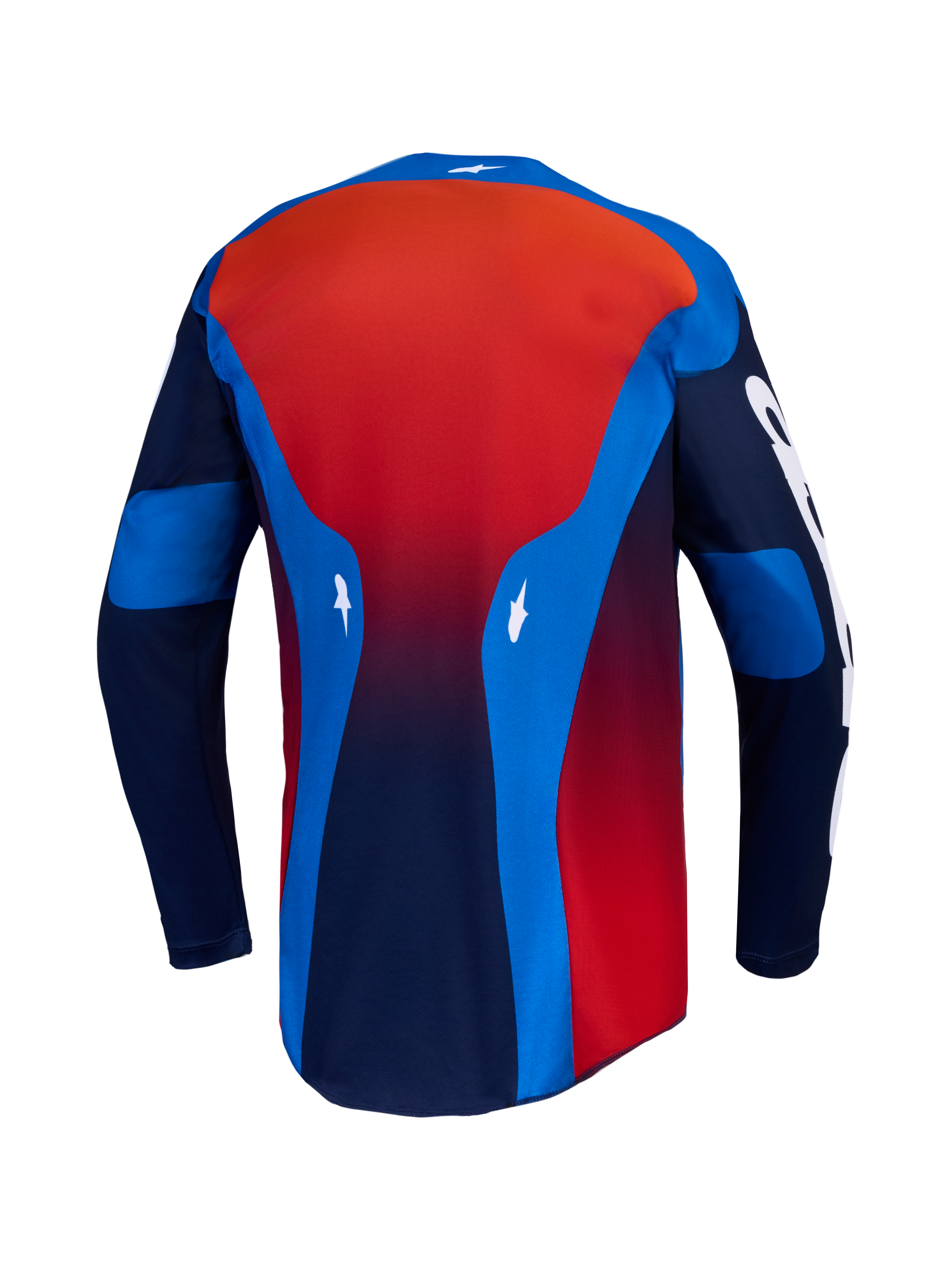 Alpinestars 2027 Racer Hunt Jersey, back view of a blue and red men's motocross jersey with a moisture-wicking extended hem.