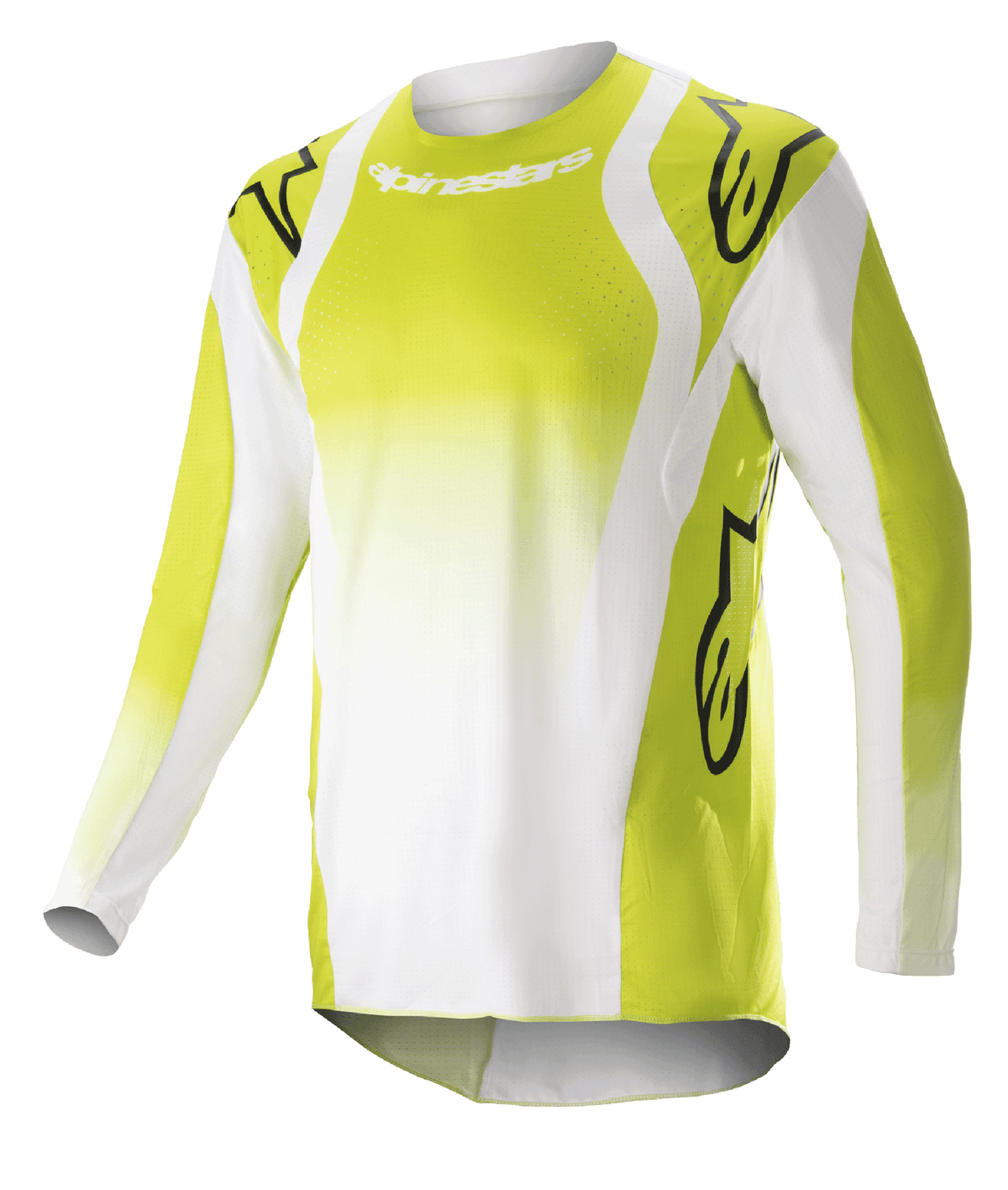 Alpinestars 2023 Techstar Push Jersey, Motocross Long-Sleeve Jersey, Yellow Fluo and White, featuring large black Astars logos on shoulders and sleeves, perforated performance fabric, round neckline, and extended back hem for off-road racing