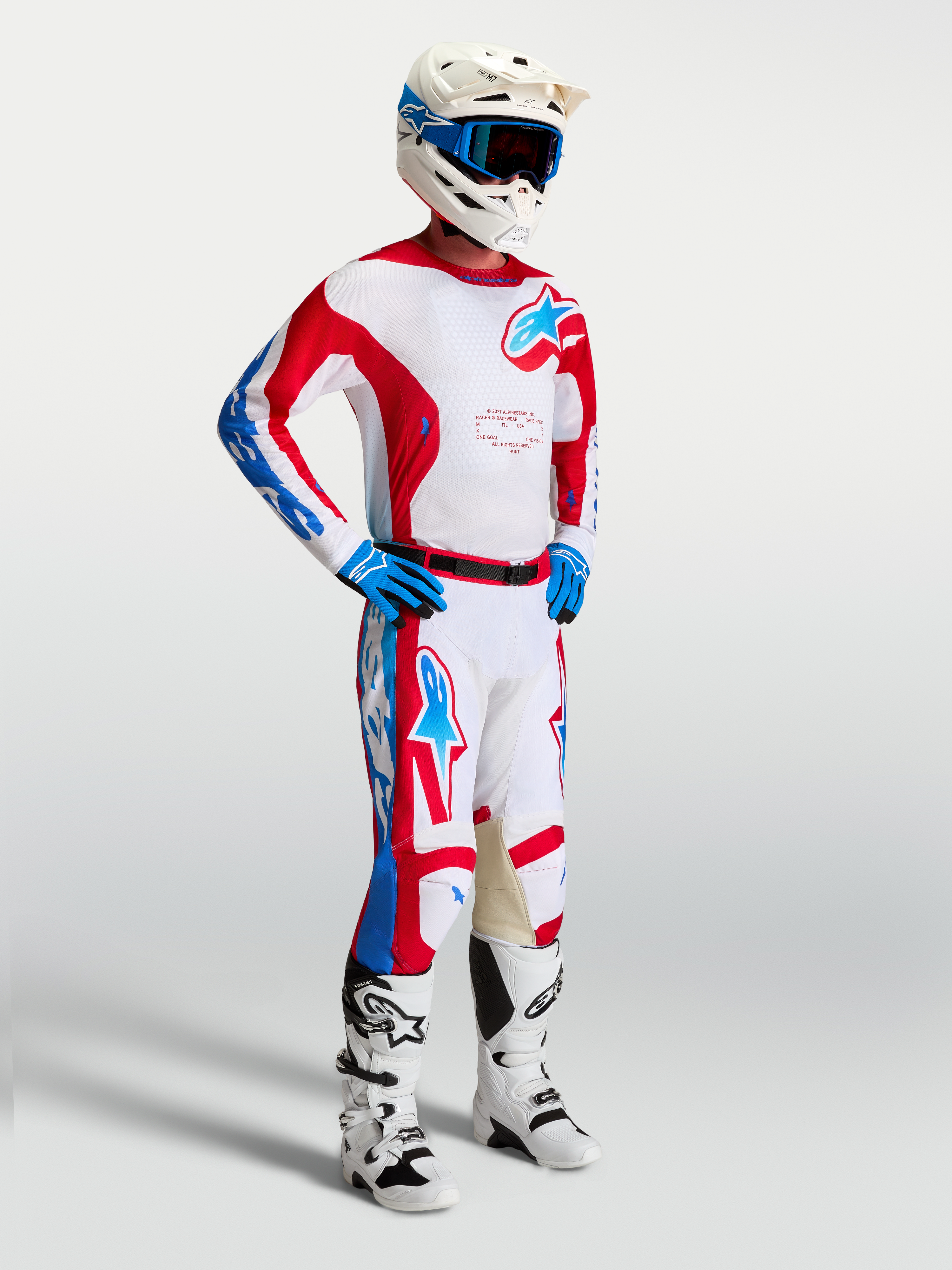 Alpinestars Racer Hunt Jersey, Motocross Racing Apparel, Men's, White, Red, Blue, lightweight moisture-wicking polyfabric.