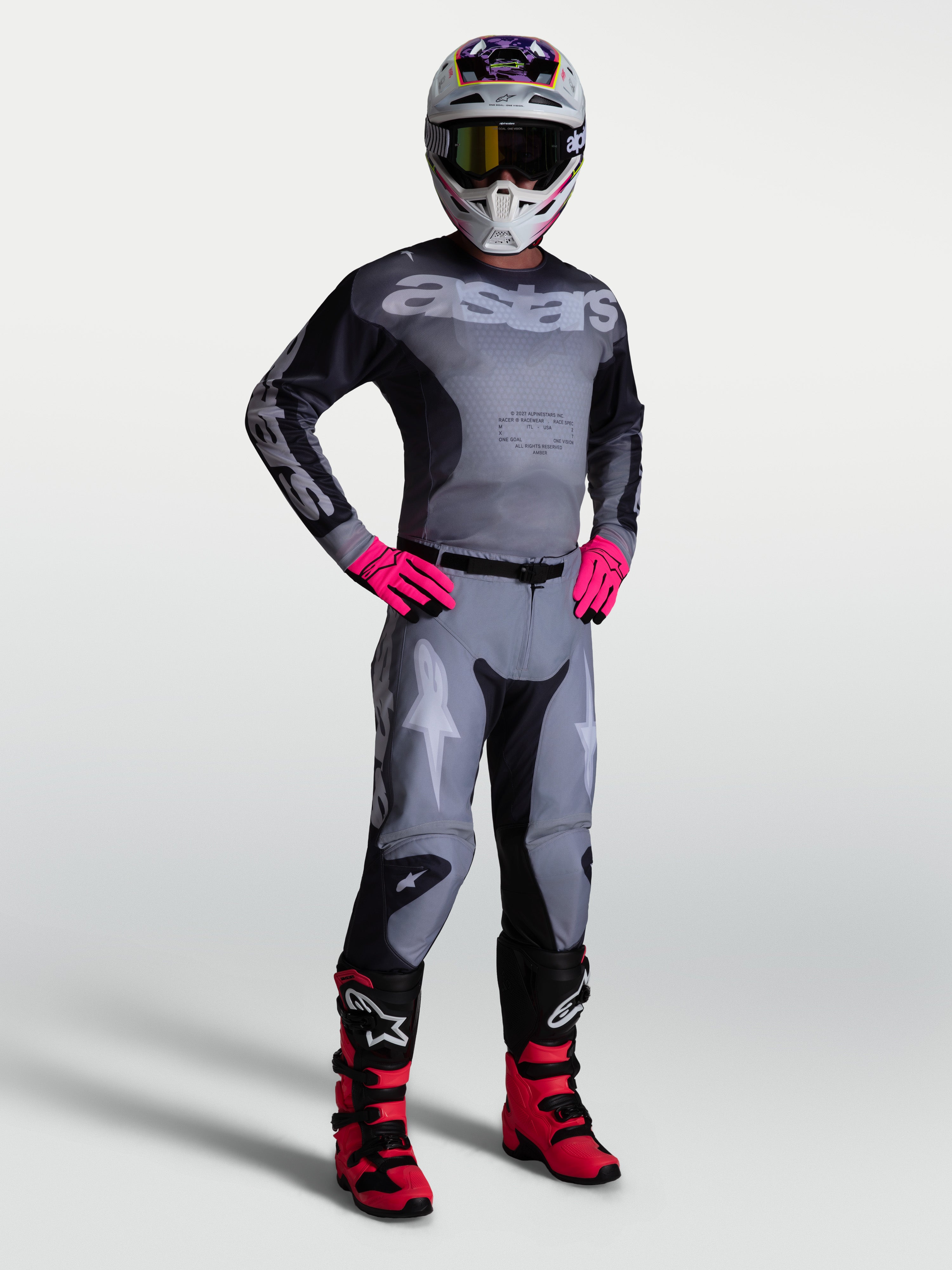 Alpinestars 2027 Racer Amber tröja och Gear Set, motocross-set för herr, grått och rosa, atletisk passform med teknisk mesh.