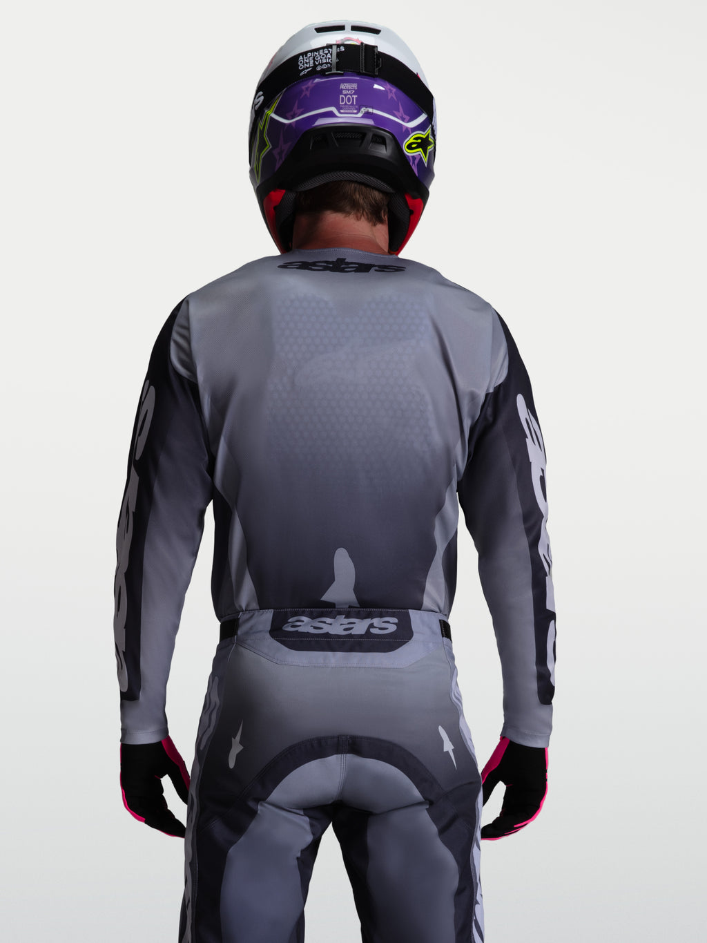 Alpinestars Racer Amber Jersey, gray and light lilac performance motocross jersey for off-road riding, rear view.