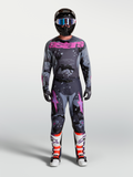 Alpinestars Racer Lone Pants and Gear Set, men's gray camo and purple motocross racing outfit with jersey and boots.