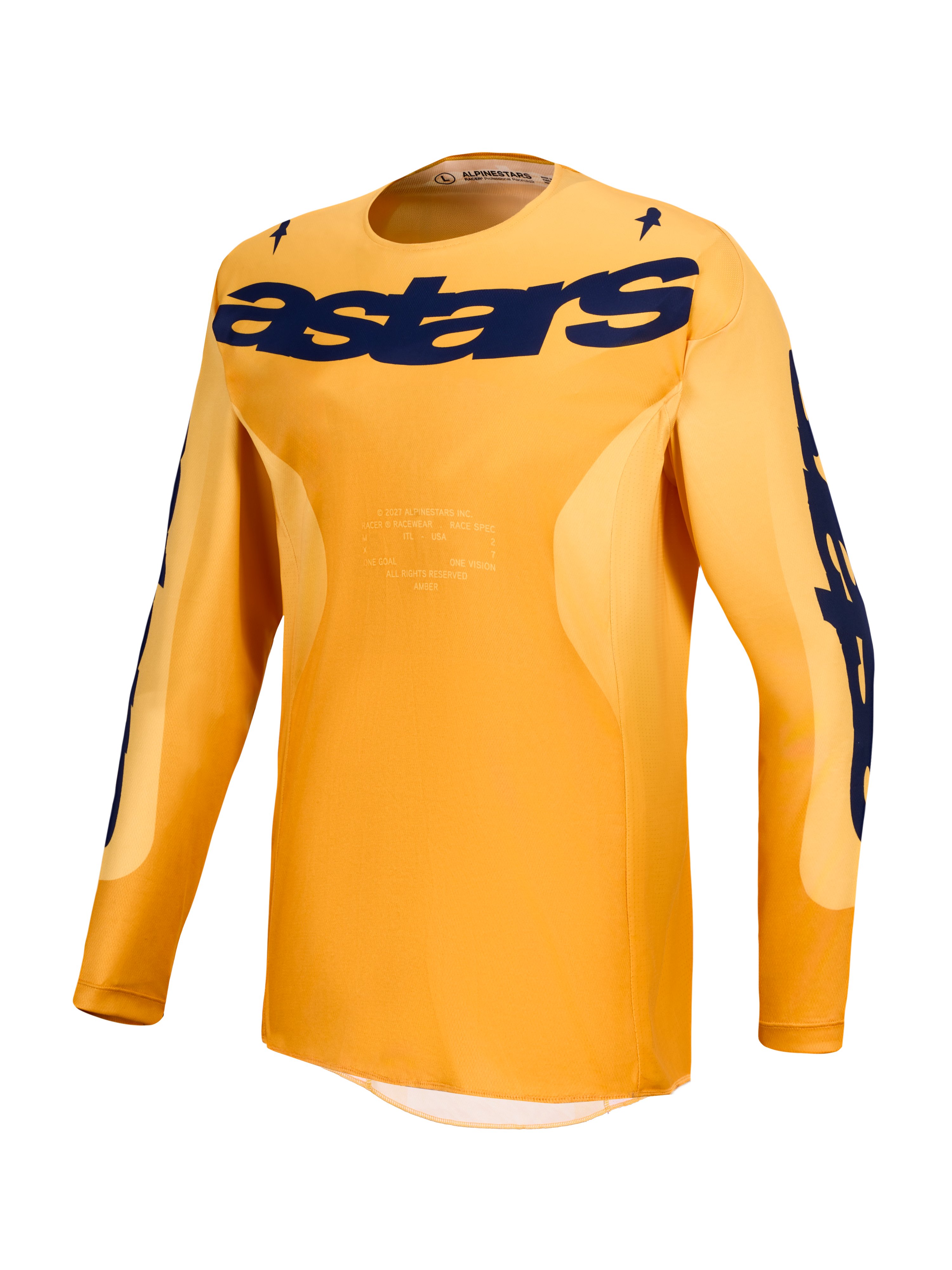 Alpinestars Racer Amber Jersey and Gear Set, orange and deep blue motocross jersey featuring moisture-wicking polyfabric.