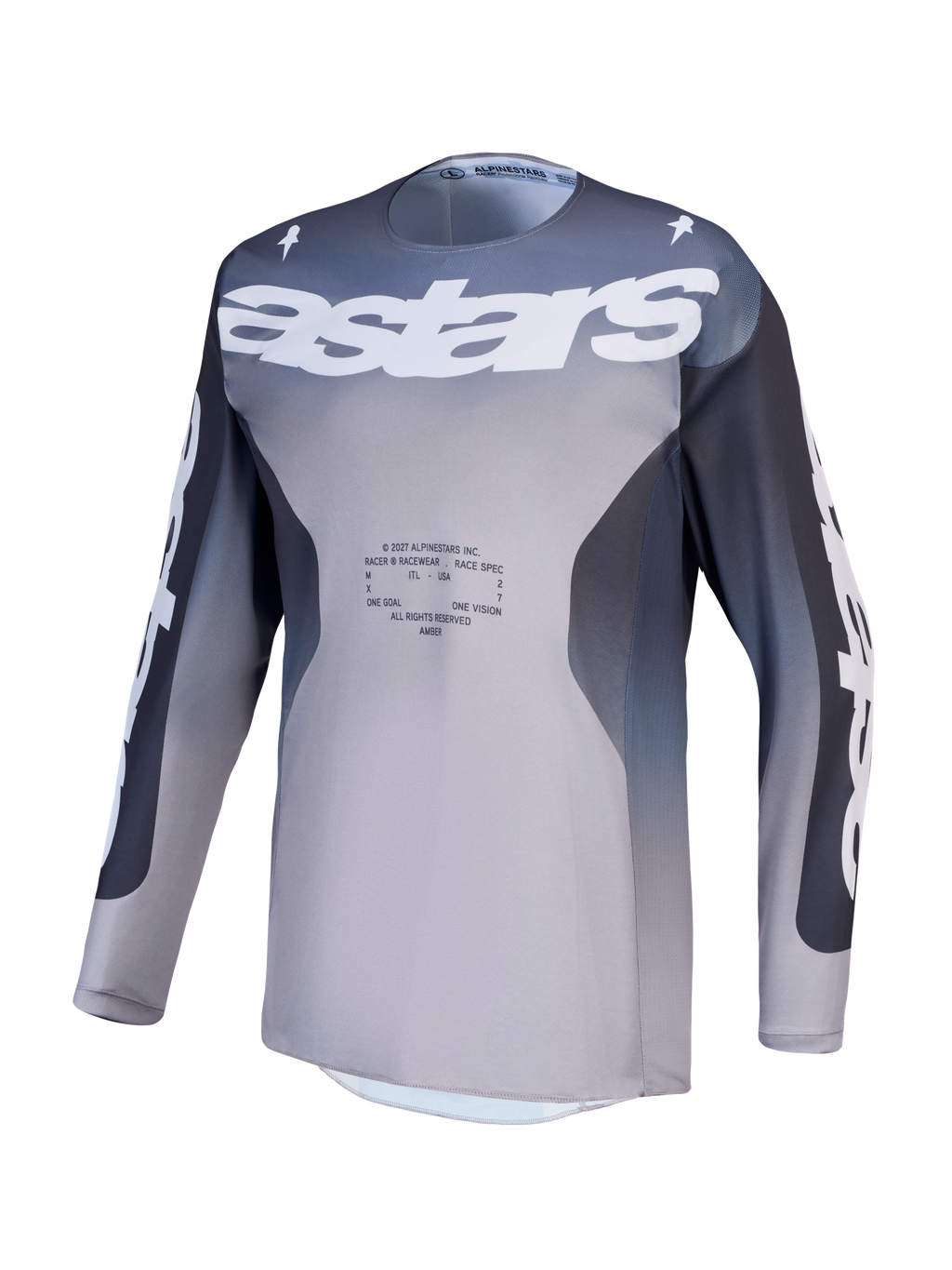 Alpinestars Racer Amber tröja, motocrosströja för herr, grå och ljuslila, andningsbart tekniskt material med vit astars-grafik
