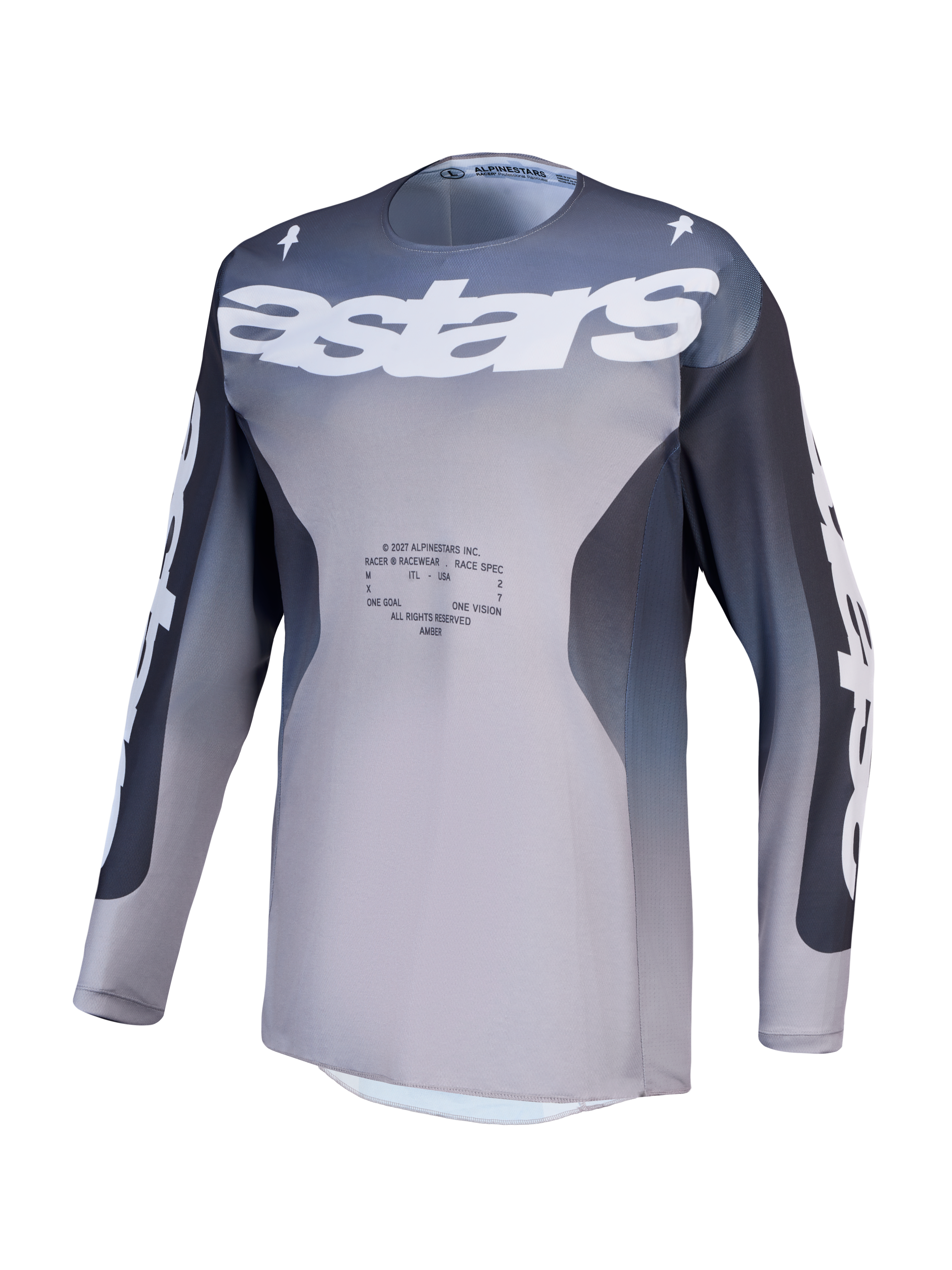 Alpinestars Racer Amber tröja, motocrosströja för herr, grå och ljuslila, andningsbart tekniskt material med vit astars-grafik