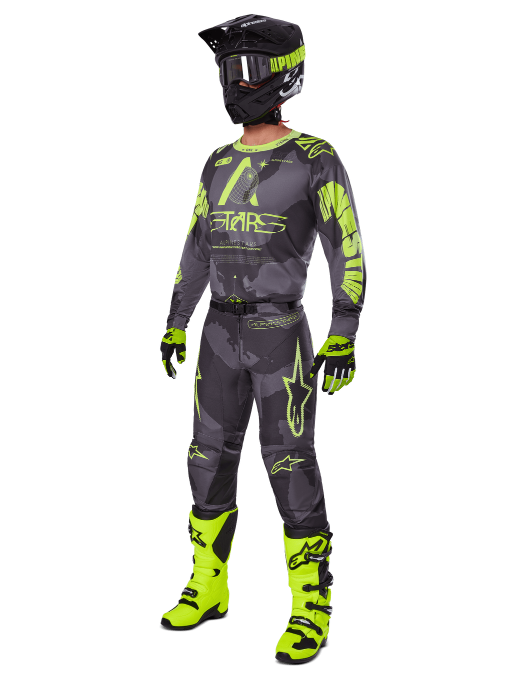 Alpinestars 2025 Racer Hollow Gear Set, komplett motocrossutrustning, grått kamouflage och neongult, inkluderar tröja, byxor, matchande svart och gul hjälm, goggles, handskar och neongula stövlar, högpresterande racingutrustning för terrängkörning