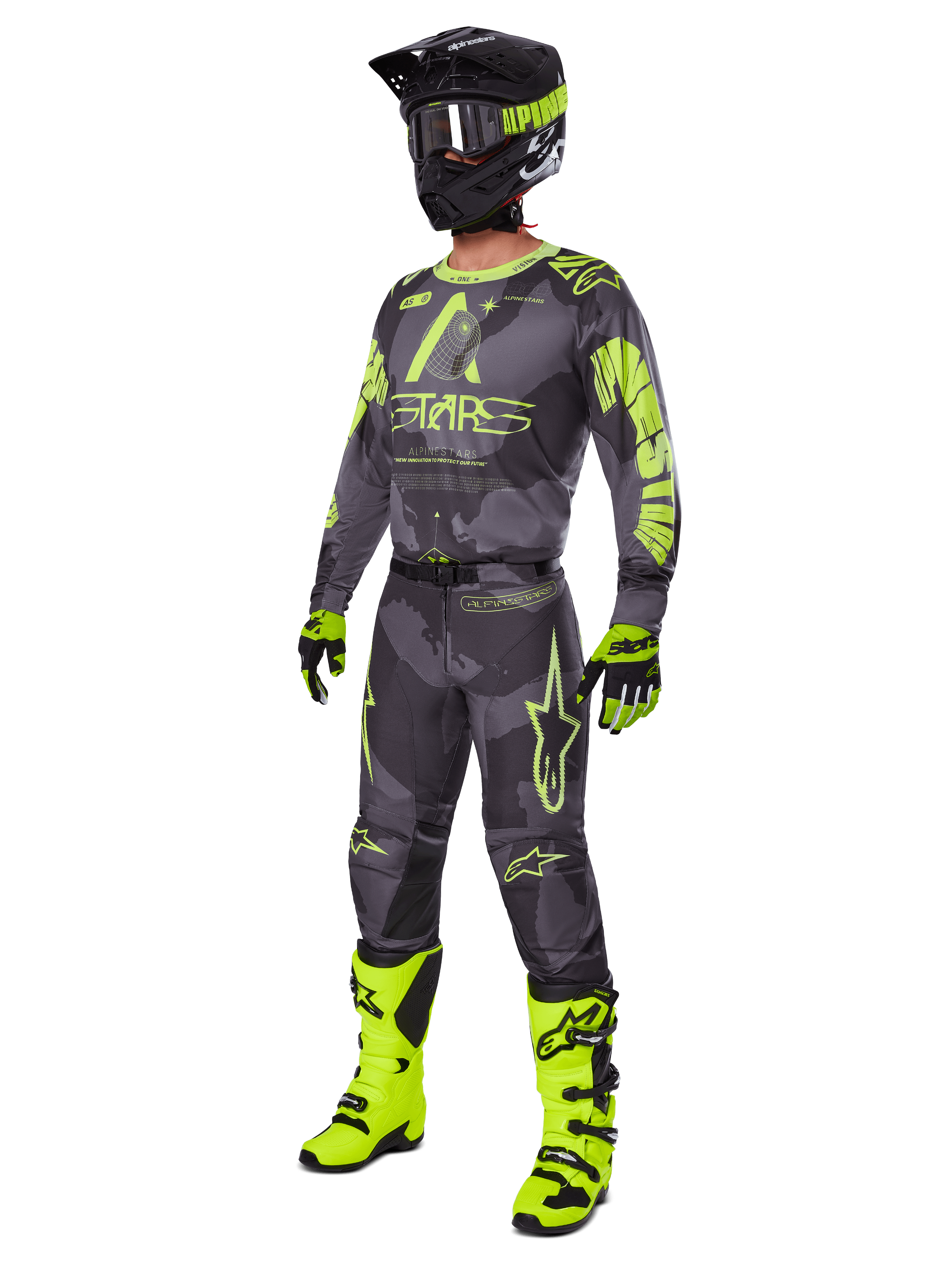 Alpinestars 2025 Racer Hollow Gear Set, komplett motocrossutrustning, grått kamouflage och neongult, inkluderar tröja, byxor, matchande svart och gul hjälm, goggles, handskar och neongula stövlar, högpresterande racingutrustning för terrängkörning