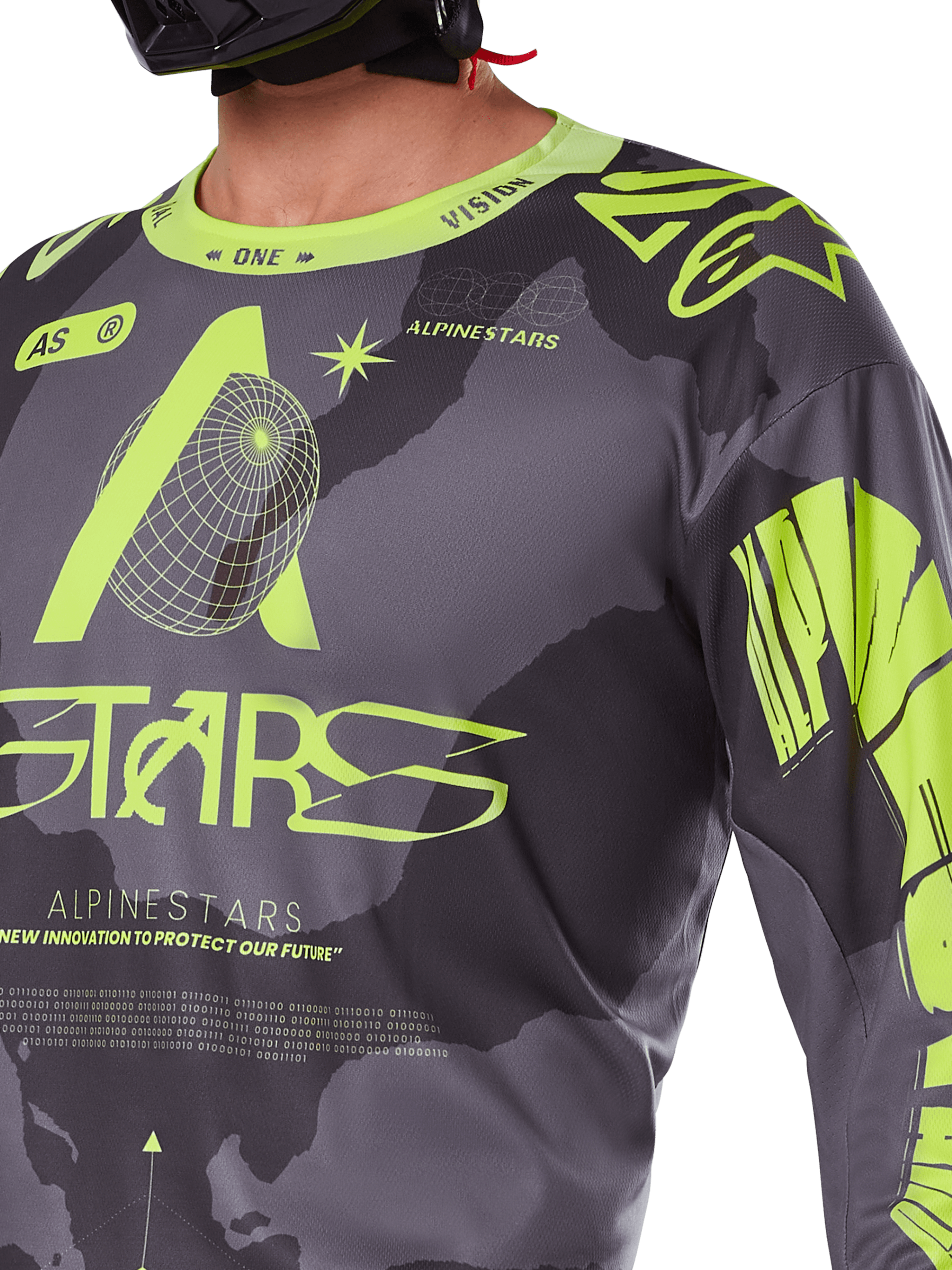 Alpinestars 2025 Racer Hollow tröja, motocrosströja, Dark Camo och Yellow Fluo, närbild som visar teknisk grafik, 'ASTARS'-logotyp och wireframe-design på fukttransporterande polyestertyg.