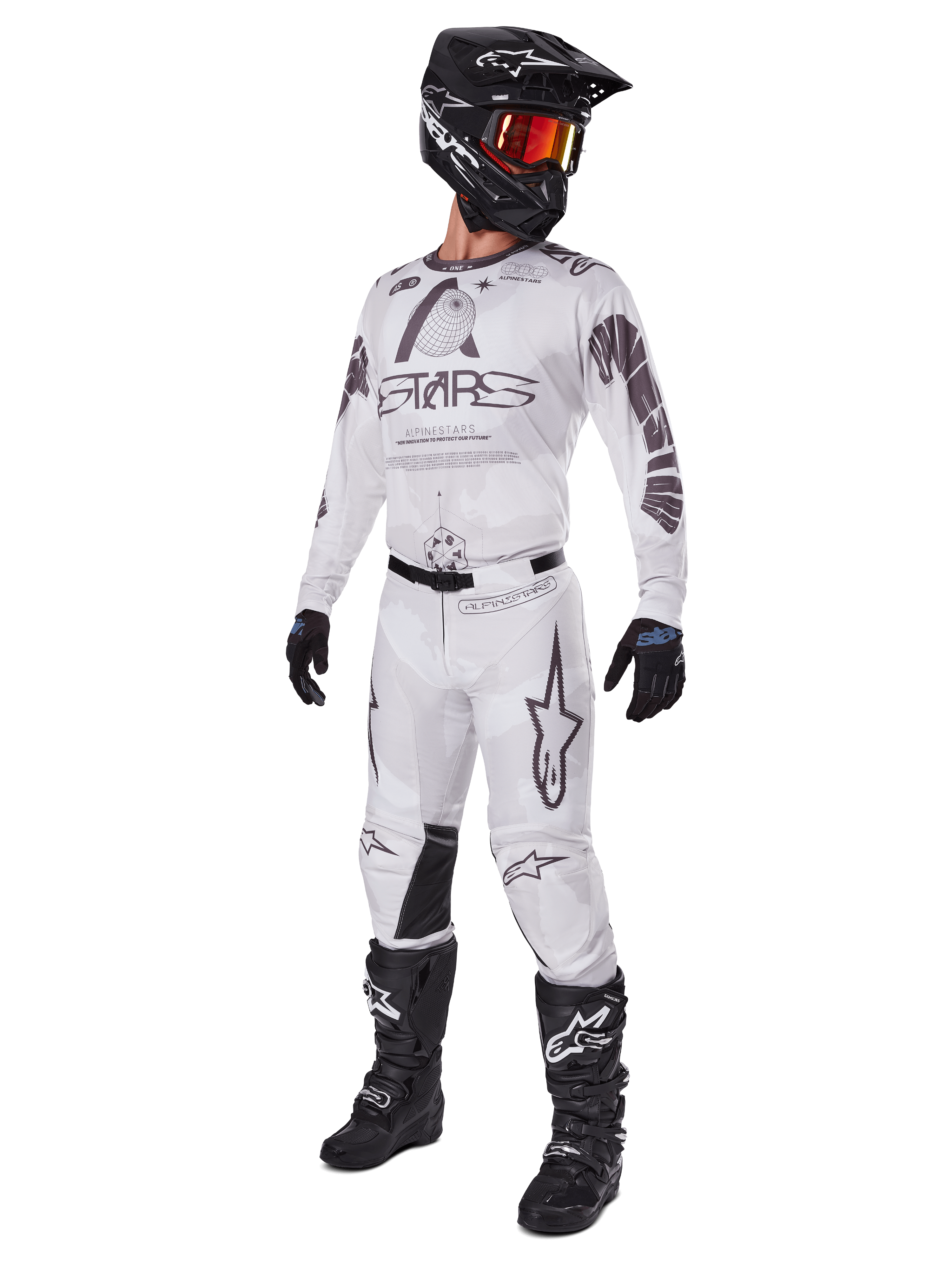 Alpinestars 2025 Racer Hollow Gear Set, Motocross Outfit, White and Grey, jersey and pants with bold 'STARS' branding, black helmet with orange-red tinted goggles, black gloves, and black boots, complete professional gear for dirt biking