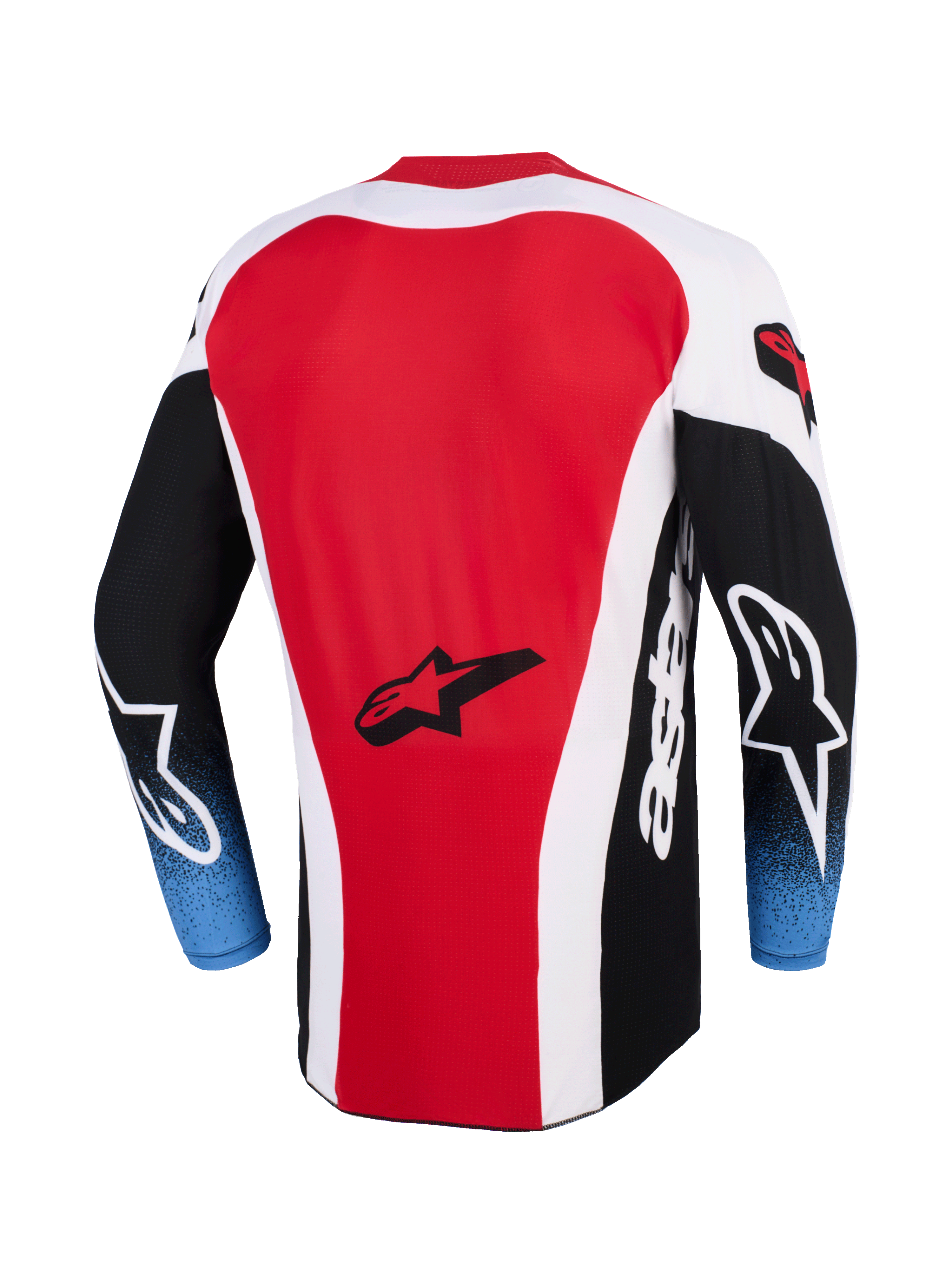 Alpinestars 2026 Techstar Knif Jersey, Motocross Jersey, Red White and Black with blue gradient sleeves, back view showing Alpinestars star logo, extended rear profile, athletic race fit for off-road racing
