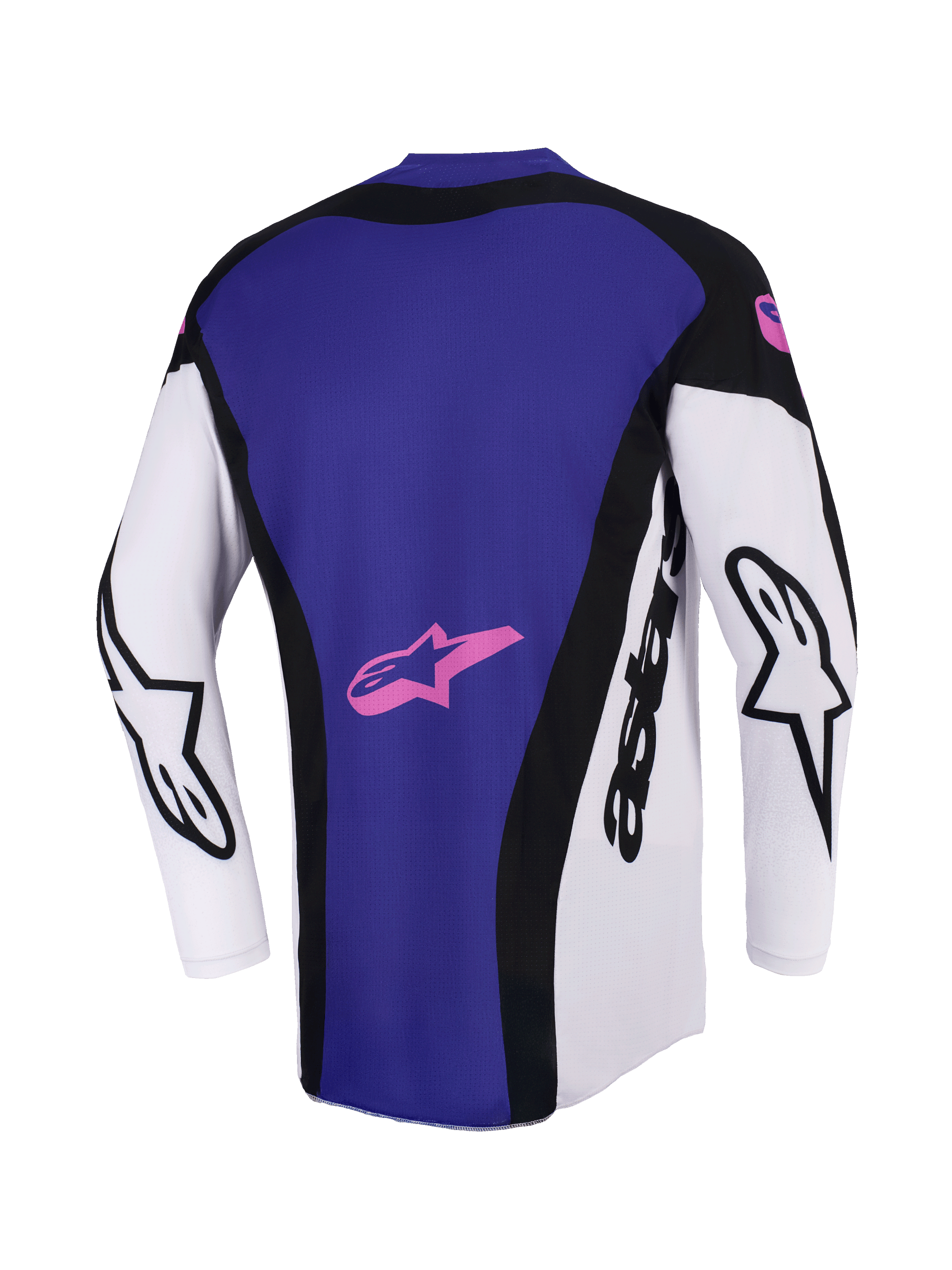 Alpinestars 2026 Techstar Knif-tröja, motocrosströja, svart, ljusgrå och lila, baksida som visar en stor lila ryggpanel med en rosa stjärnlogotyp, vita ärmar med svarta Alpinestars-logotyper, atletisk tävlingspassform