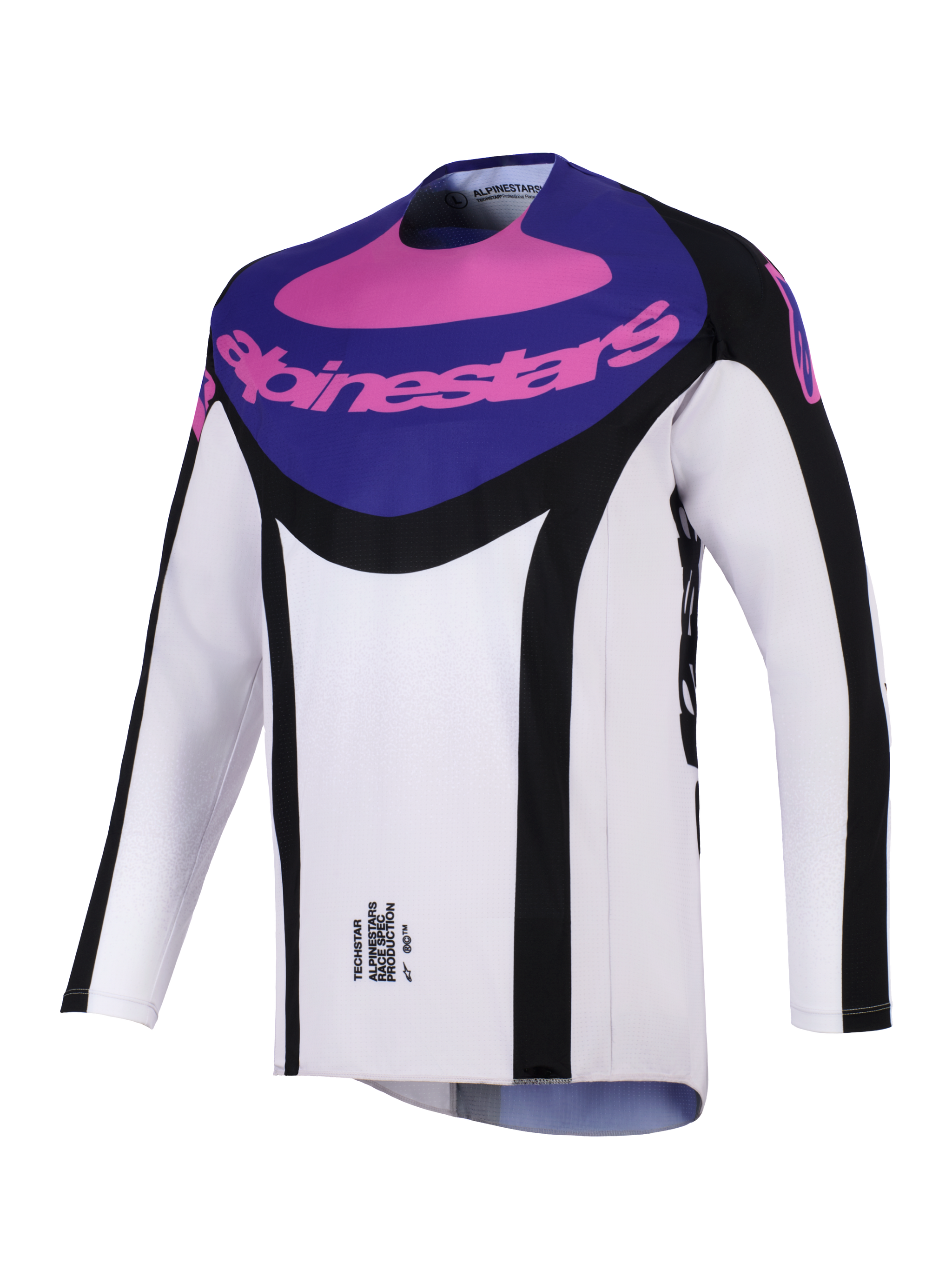 Alpinestars 2026 Techstar Knif-tröja, motocrosströja, svart, ljusgrå och lila, med en lila bröstpanel med rosa Alpinestars-logotyp, svarta sidoaccenter och lätt fukttransporterande material för terrängkörning.