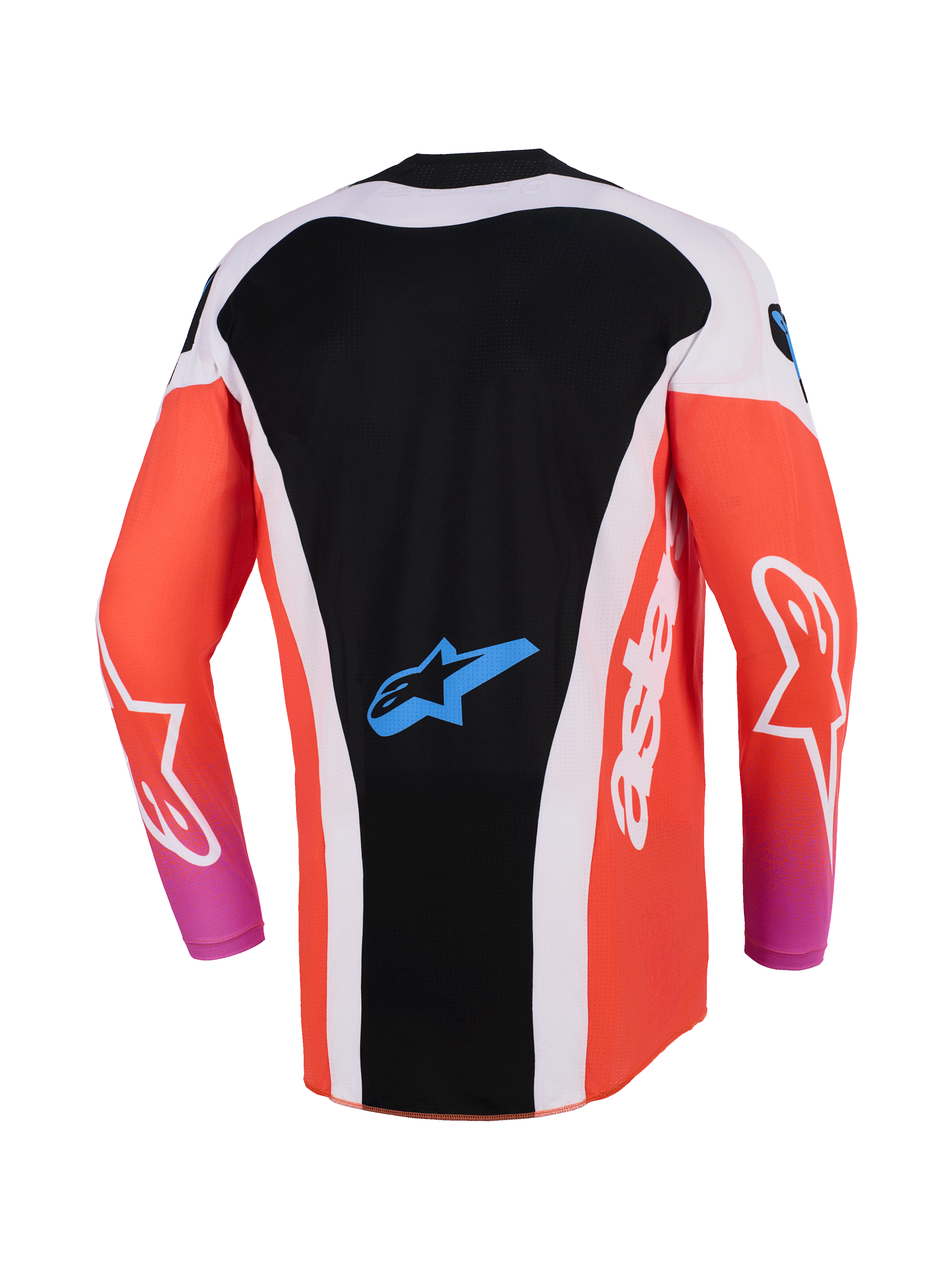 Alpinestars 2026 Techstar Knif tröja, motocrosströja, svart och orange fluo, ryggvy med förlängd ryggdesign, vita sidopaneler, blå Astar-logotyp på nedre ryggen, långa ärmar, högpresterande racingutrustning