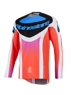 Alpinestars 2026 Techstar Knif tröja, motocrosströja, vit och orange med blå och rosa detaljer, svart bröstpanel med Alpinestars logotyp, teknisk långärmad racingutrustning för terrängprestanda