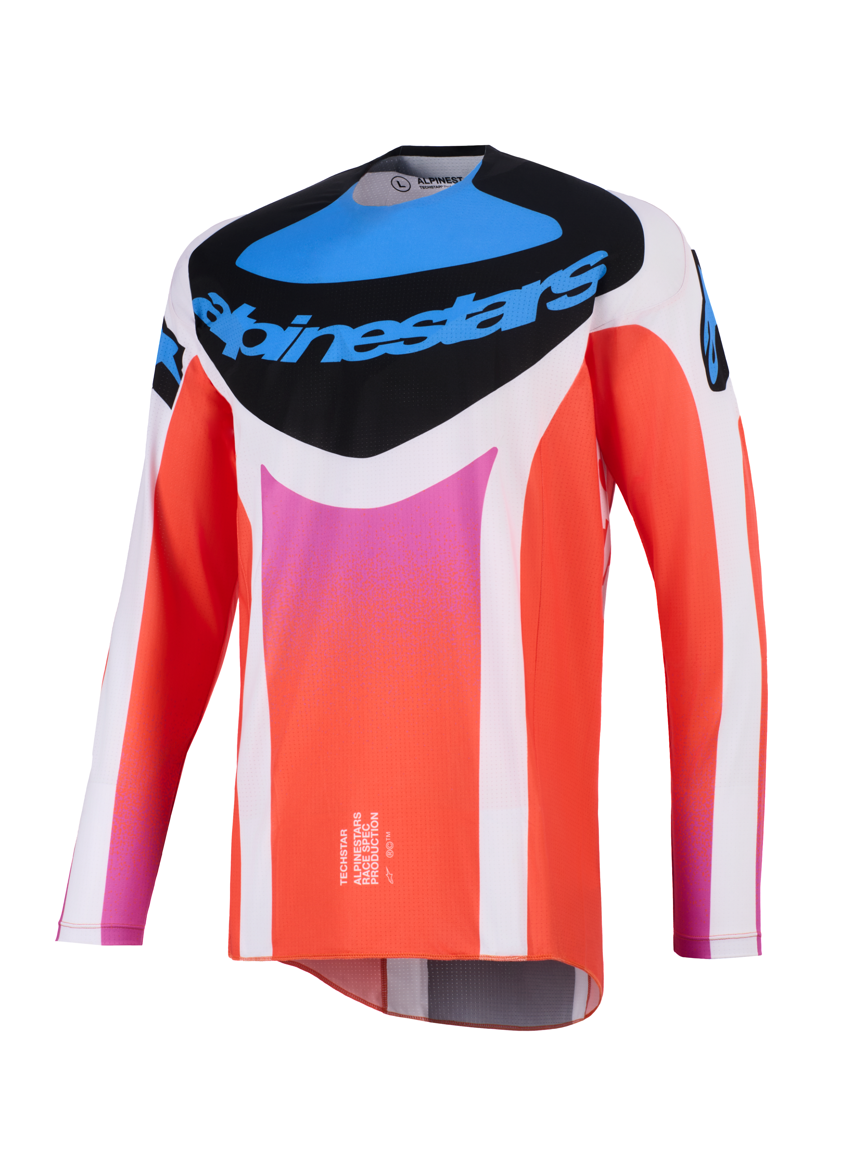 Alpinestars 2026 Techstar Knif tröja, motocrosströja, vit och orange med blå och rosa detaljer, svart bröstpanel med Alpinestars logotyp, teknisk långärmad racingutrustning för terrängprestanda