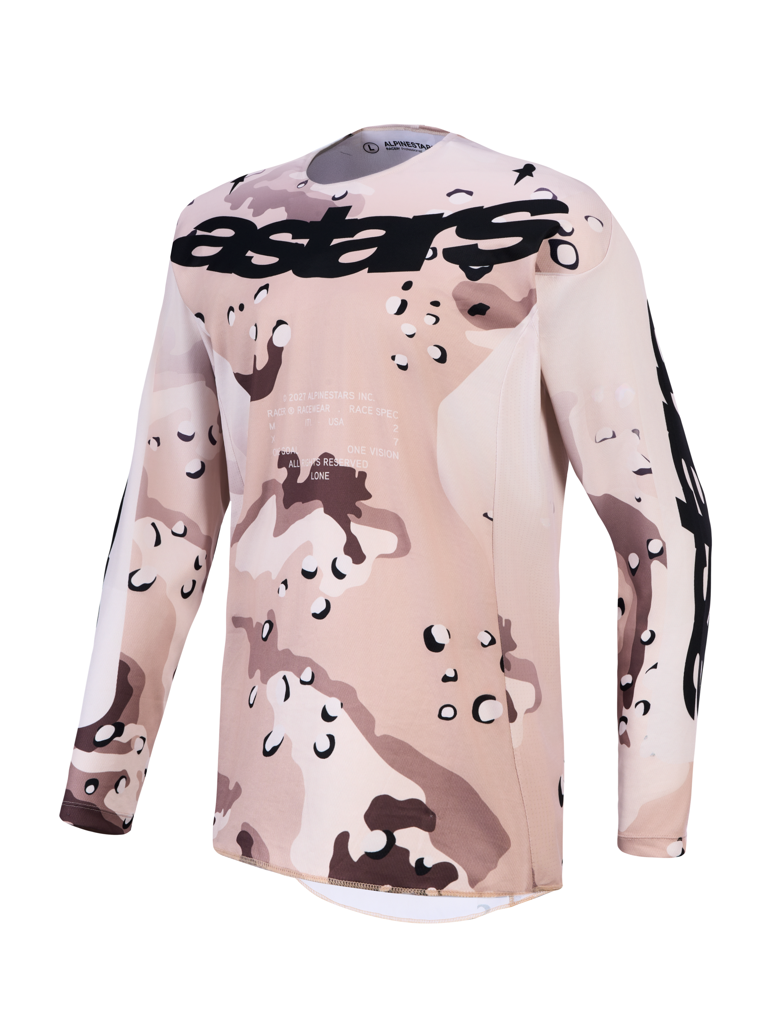 Alpinestars Racer Lone tröja, beige ökenkamouflage motocrosströja för herrar, svart logotyp, fukttransporterande tekniskt material.
