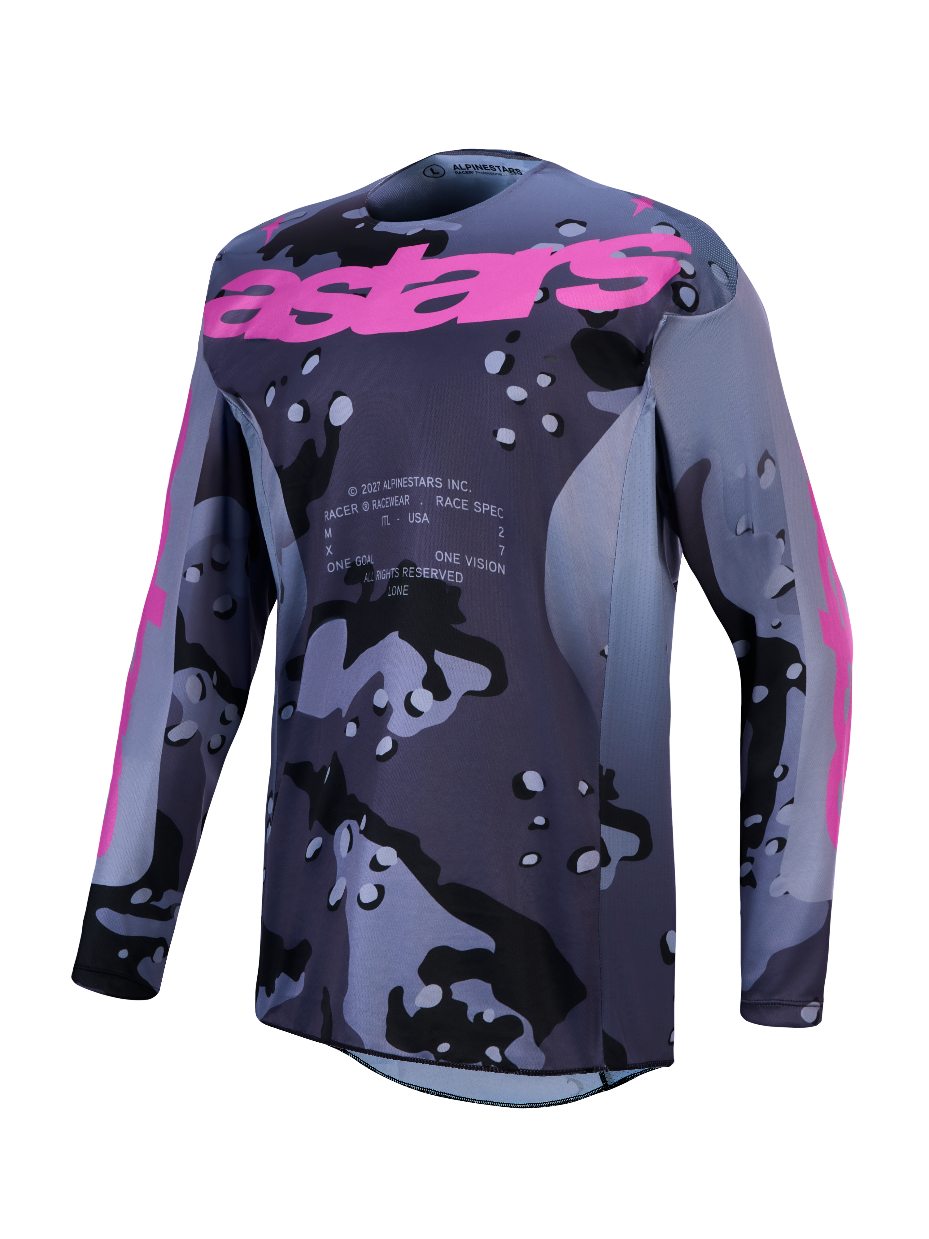 Alpinestars Racer Lone Jersey, Men's Motocross Jersey, Gray Camo and Purple, moisture-wicking polyfabric.