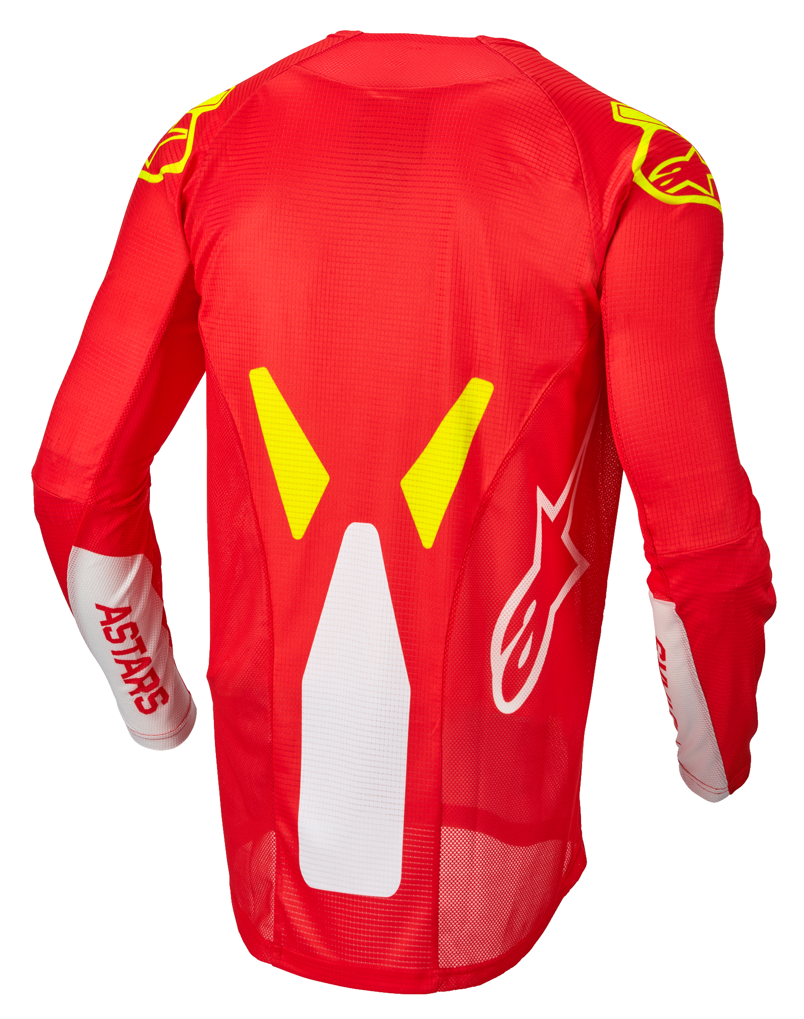Alpinestars Techstar Factory Jersey, Motocross Jersey, Red Fluo White and Yellow Fluo, back view featuring mesh ventilation panels and extended rear profile, white ASTARS branding on sleeves, and yellow fluo graphic accents on the shoulders.