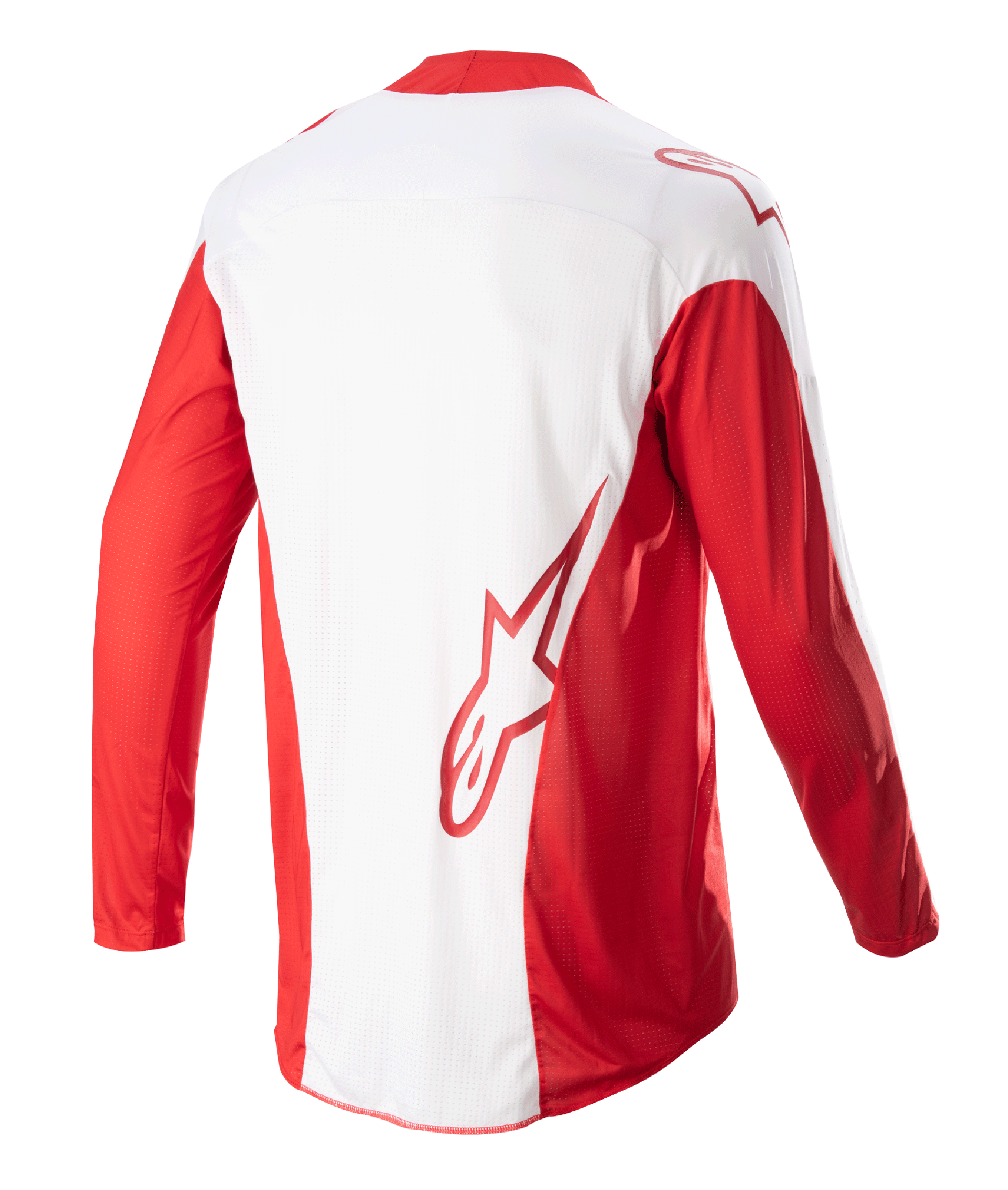Alpinestars 2023 Techstar Arch Jersey, motocrosströja, Mars Red och vit, vy bakifrån med vit mittpanel och röda långa ärmar, röd Astars-logotyp på nedre delen av ryggen, ventilationspaneler i mesh och förlängt ryggparti för terrängkörning