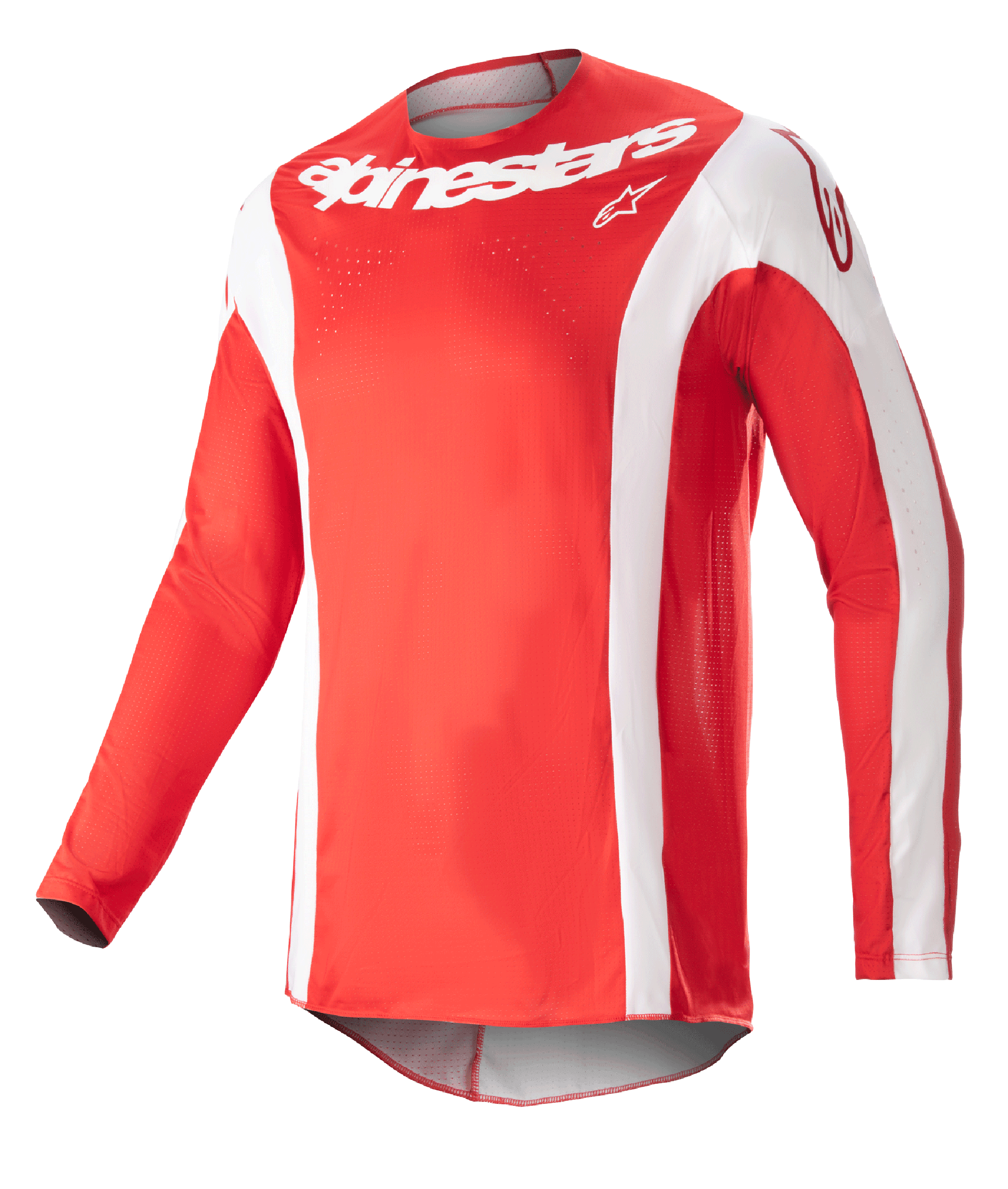 Alpinestars 2023 Techstar Arch-tröja, motocrosströja, Mars Red och vit, vit Alpinestars-logotyp på bröstet, perforerat funktionstyg, långa ärmar med vita detaljer, sportig design för terrängkörning
