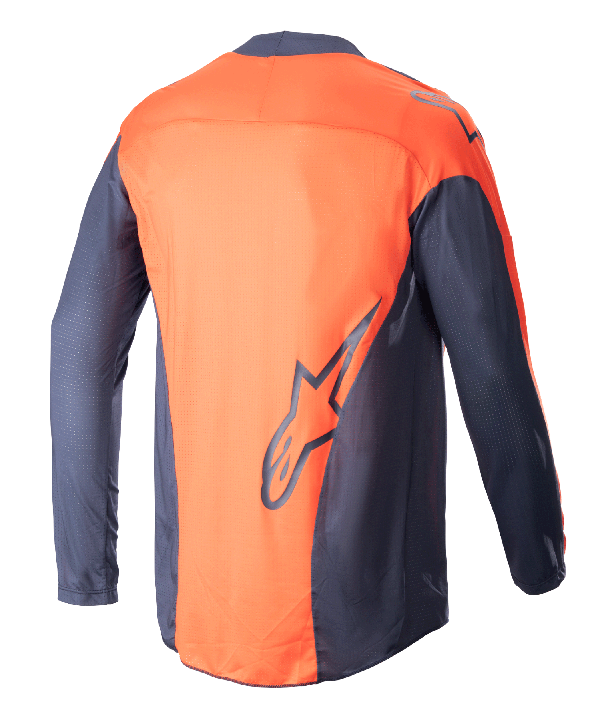 Alpinestars 2023 Techstar Arch Jersey, motocrosströja, mörkblå och starkt orange, sedd bakifrån, lättviktig meshkonstruktion, stor mörkblå Alpinestars-logotyp på nedre delen av ryggen, förlängt ryggparti för bättre täckning vid körning