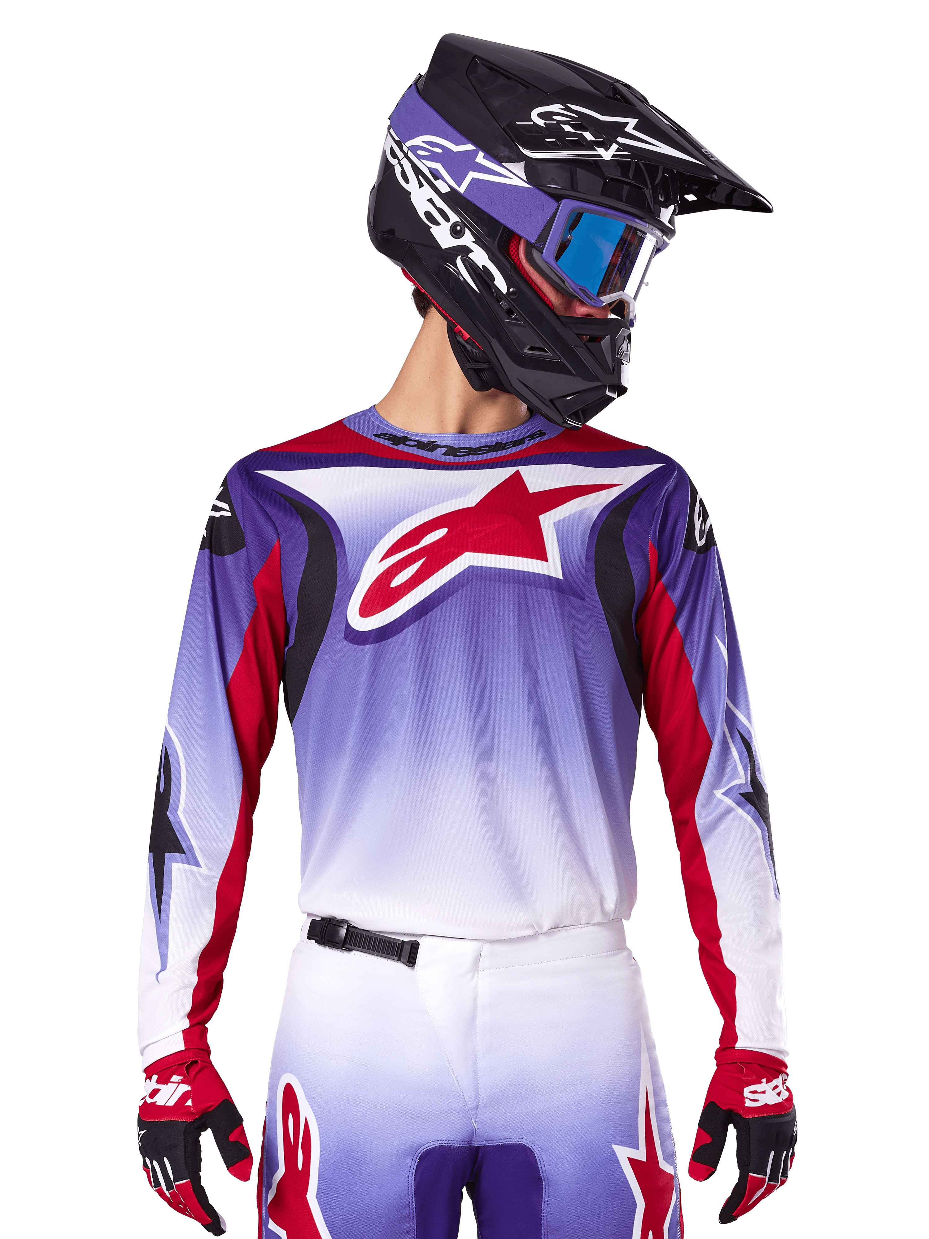 Alpinestars 2025 Fluid Wurx Jersey, Motocross Racing Jersey, Purple to White Gradient, Red star logo and accents, athletic fit, worn with matching pants, black helmet, and red gloves