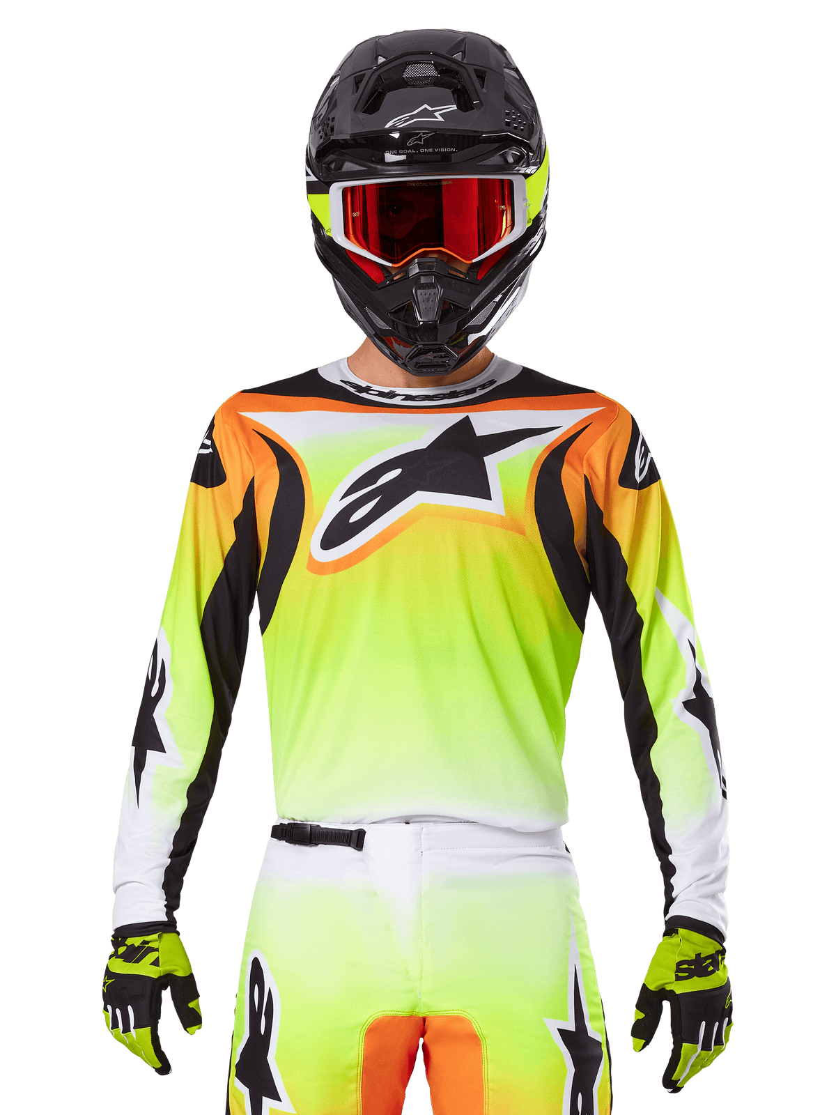 Alpinestars 2025 Fluid Wurx Jersey, motocross-tröja, neongul, orange och vit, bärs med matchande byxor och svart hjälm med röda goggles, komplett MX-utrustning på förare