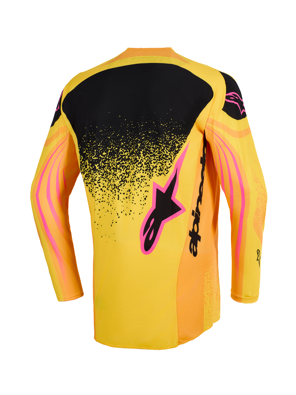 Alpinestars 2026 Techstar Nomur tröja, motocrosströja, orange, gul och rosa, vy bakifrån med en svart övre ryggpanel med en stänkmönstrad gradient, rosa logotypdetaljer och vågiga grafiska mönster på ärmarna.