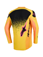 Alpinestars 2026 Techstar Nomur tröja, motocrosströja, orange, gul och rosa, vy bakifrån med en svart övre ryggpanel med en stänkmönstrad gradient, rosa logotypdetaljer och vågiga grafiska mönster på ärmarna.