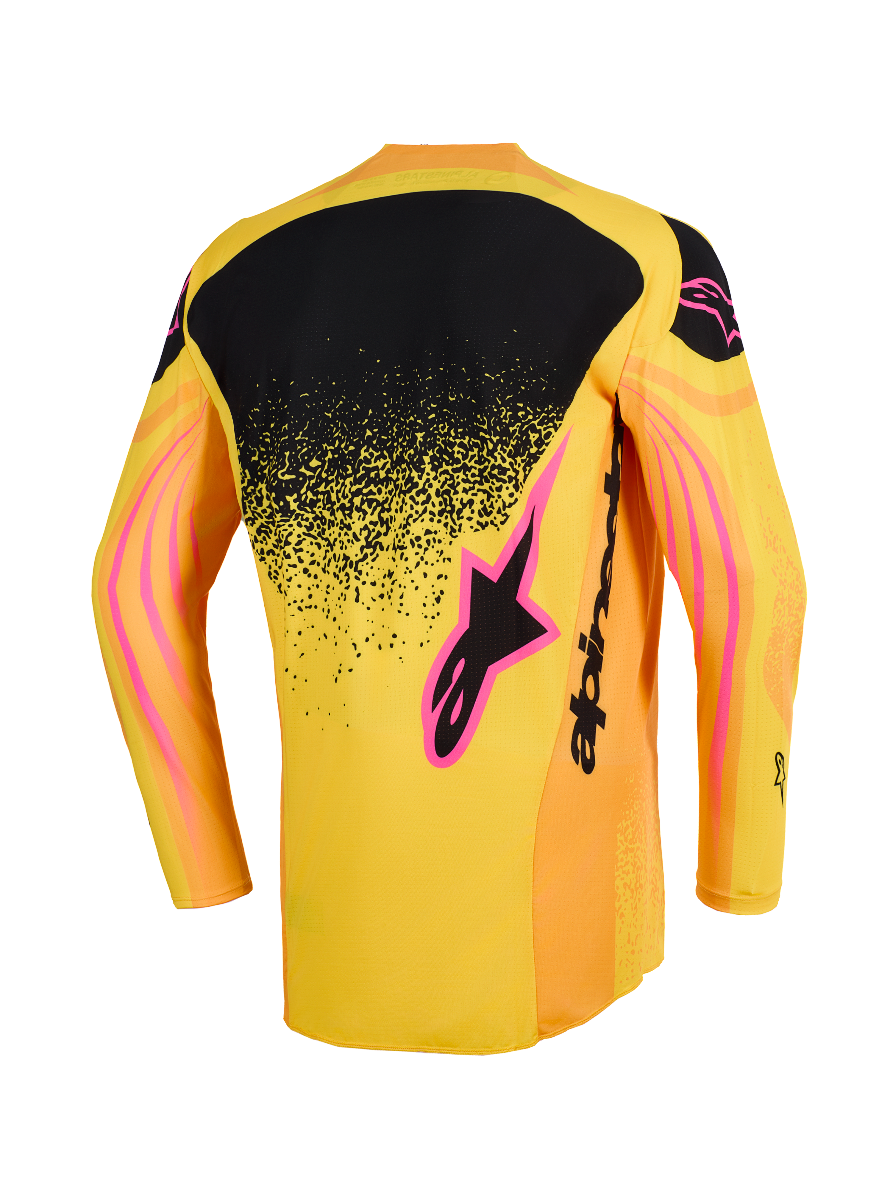 Alpinestars 2026 Techstar Nomur tröja, motocrosströja, orange, gul och rosa, vy bakifrån med en svart övre ryggpanel med en stänkmönstrad gradient, rosa logotypdetaljer och vågiga grafiska mönster på ärmarna.