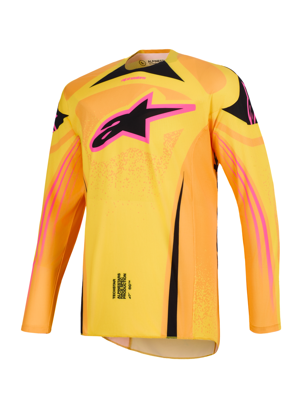 2026 Techstar Nomur-tröja, motocrosströja i orange, gult och rosa, med en framträdande rosa och svart Alpinestars stjärnlogotyp på bröstet, långärmad atletisk racingpassform, högpresterande plagg för terrängtävling